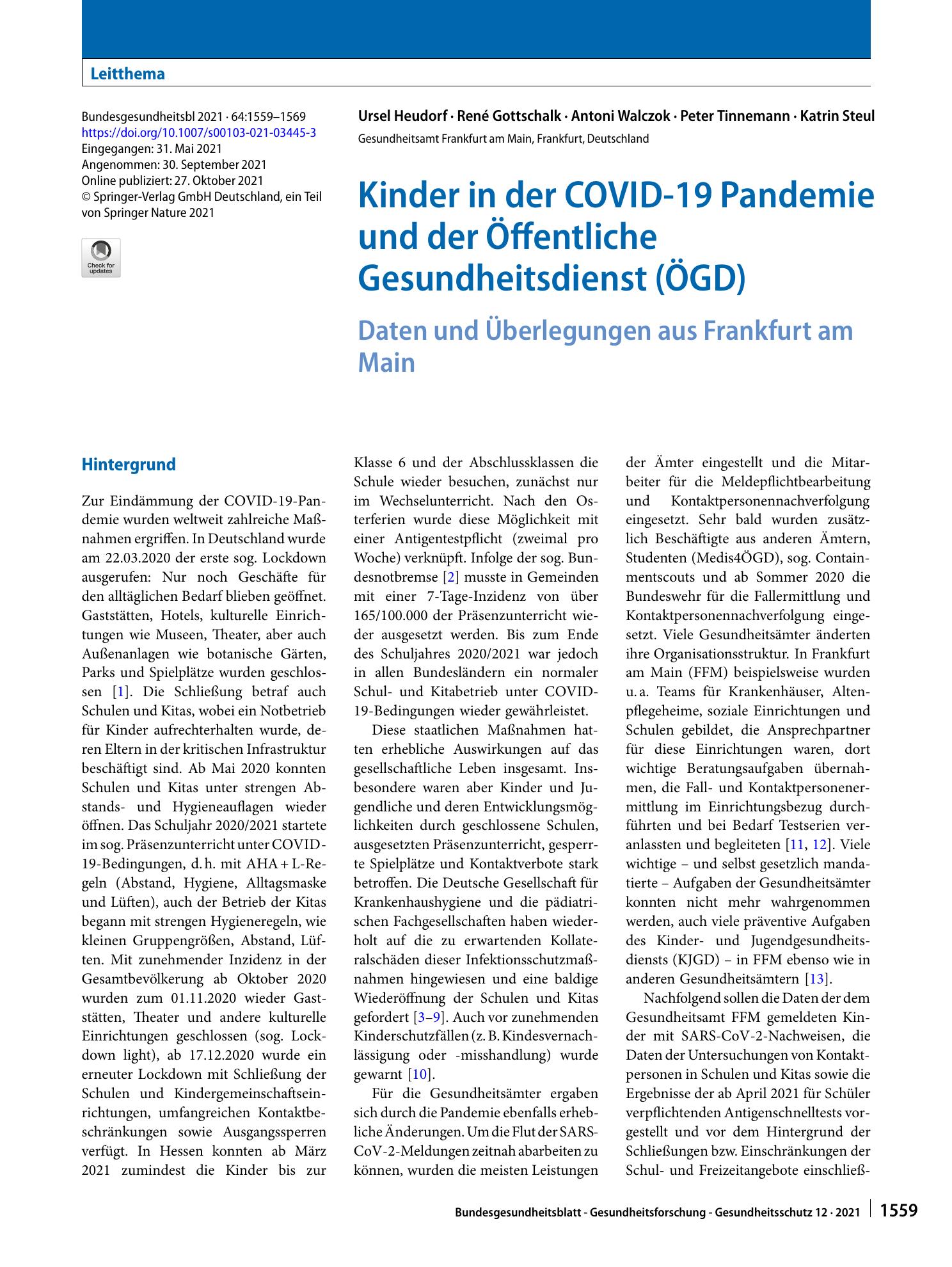 Vorschauseite 1: Kinder in der COVID-19 Pandemie und der Öffentliche Gesundheitsdienst (ÖGD)