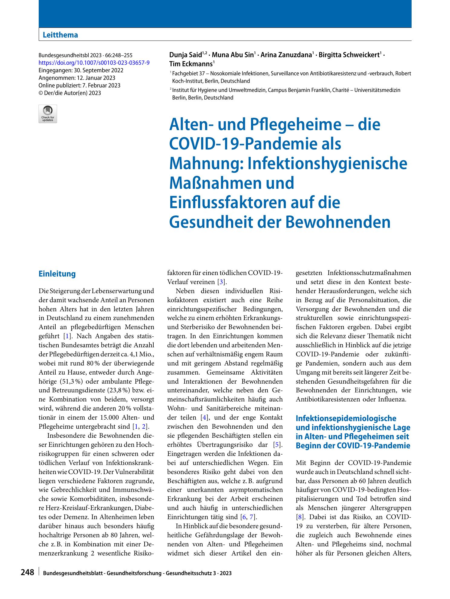 Vorschauseite 1: Alten- und Pflegeheime – die COVID-19-Pandemie als Mahnung: Infektionshygienische Maßnahmen und Einflussfaktoren auf die Gesundheit der Bewohnenden