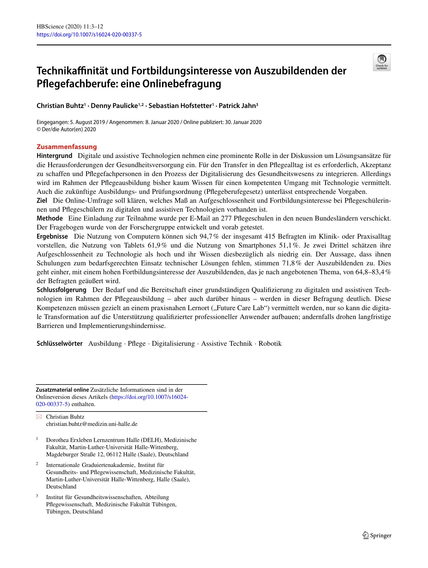 Vorschauseite 1: Technikaffinität und Fortbildungsinteresse von Auszubildenden der Pflegefachberufe: eine Onlinebefragung