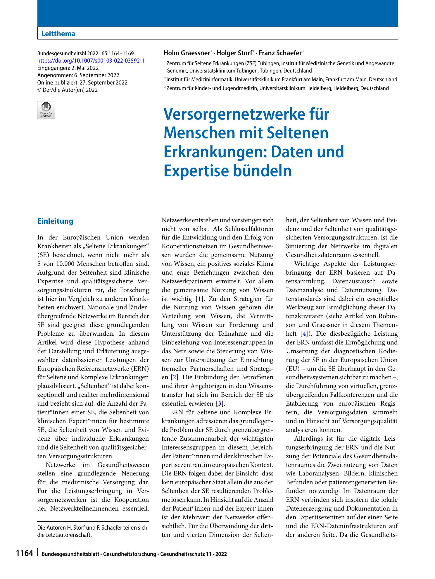 Vorschauseite 1: Versorgernetzwerke für Menschen mit Seltenen Erkrankungen: Daten und Expertise bündeln