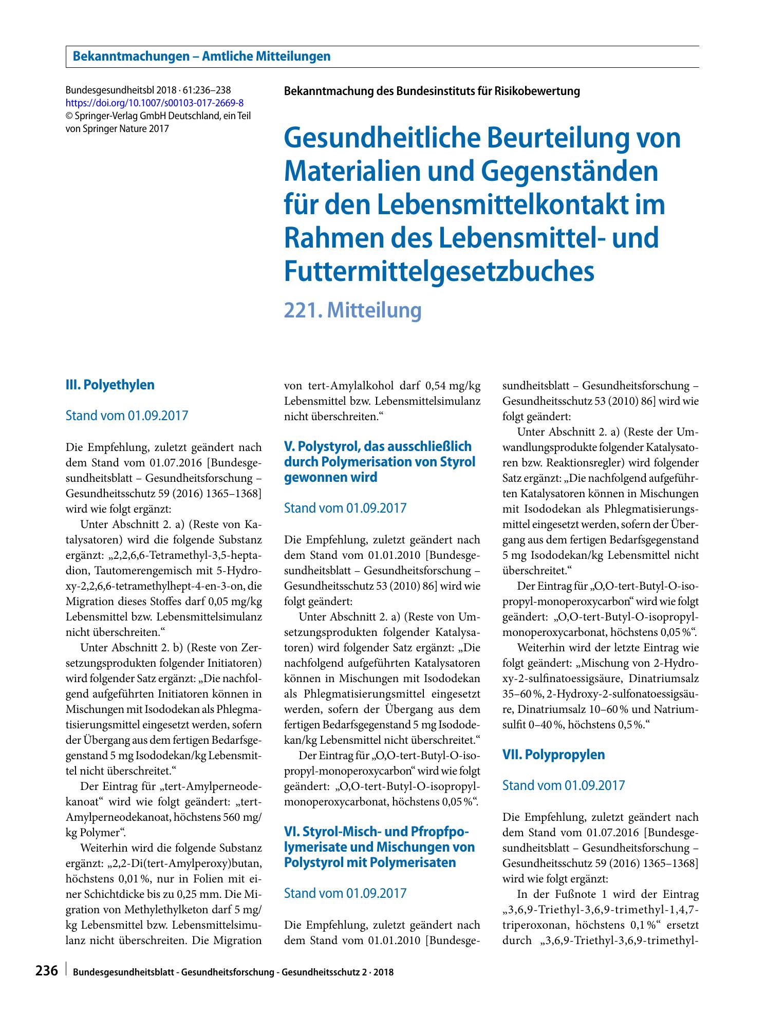 Vorschauseite 1: Gesundheitliche Beurteilung von Materialien und Gegenständen für den Lebensmittelkontakt im Rahmen des Lebensmittel- und Futtermittelgesetzbuches