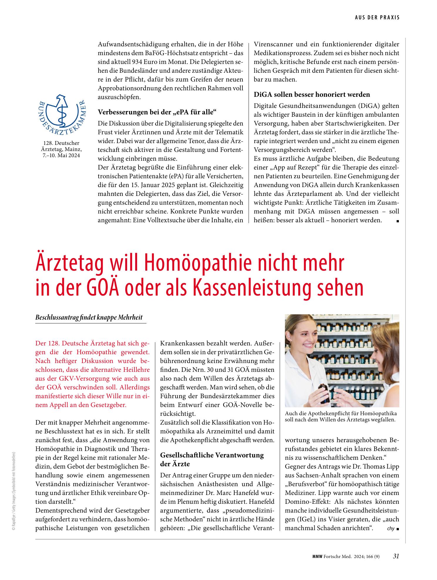 Vorschauseite 1: Ärztetag will Homöopathie nicht mehr in der GOÄ oder als Kassenleistung sehen