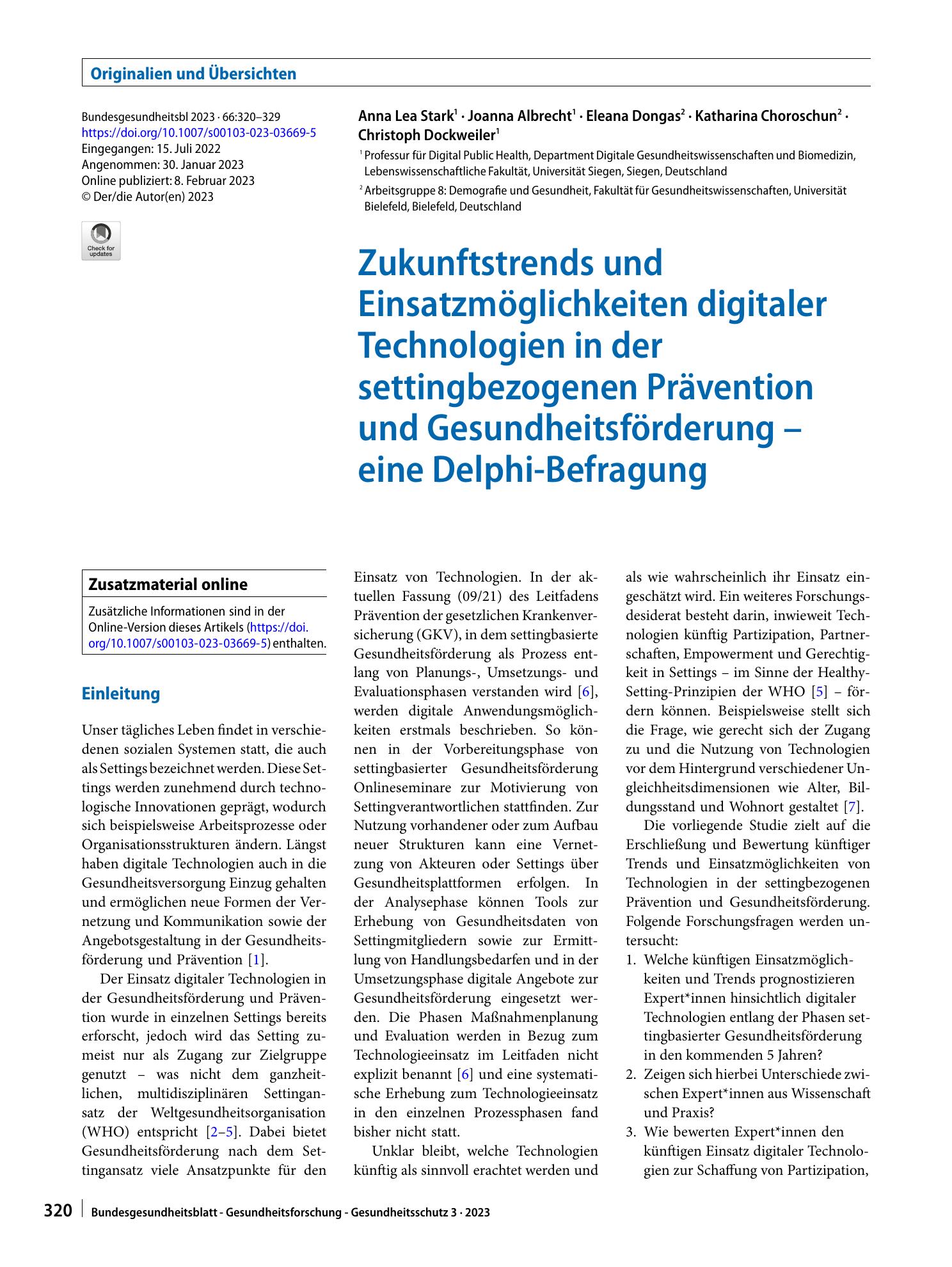 Vorschauseite 1: Zukunftstrends und Einsatzmöglichkeiten digitaler Technologien in der settingbezogenen Prävention und Gesundheitsförderung – eine Delphi-Befragung
