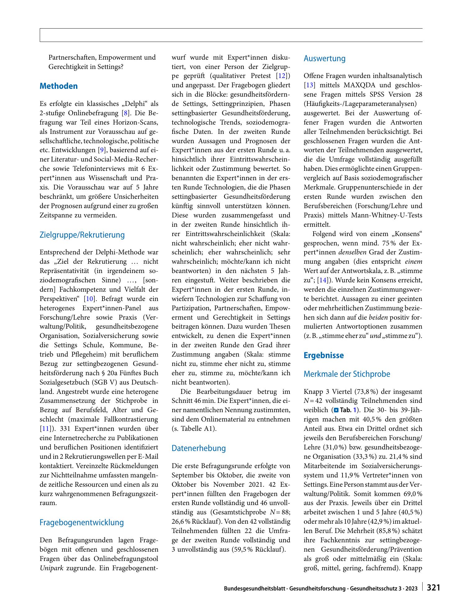 Vorschauseite 2: Zukunftstrends und Einsatzmöglichkeiten digitaler Technologien in der settingbezogenen Prävention und Gesundheitsförderung – eine Delphi-Befragung