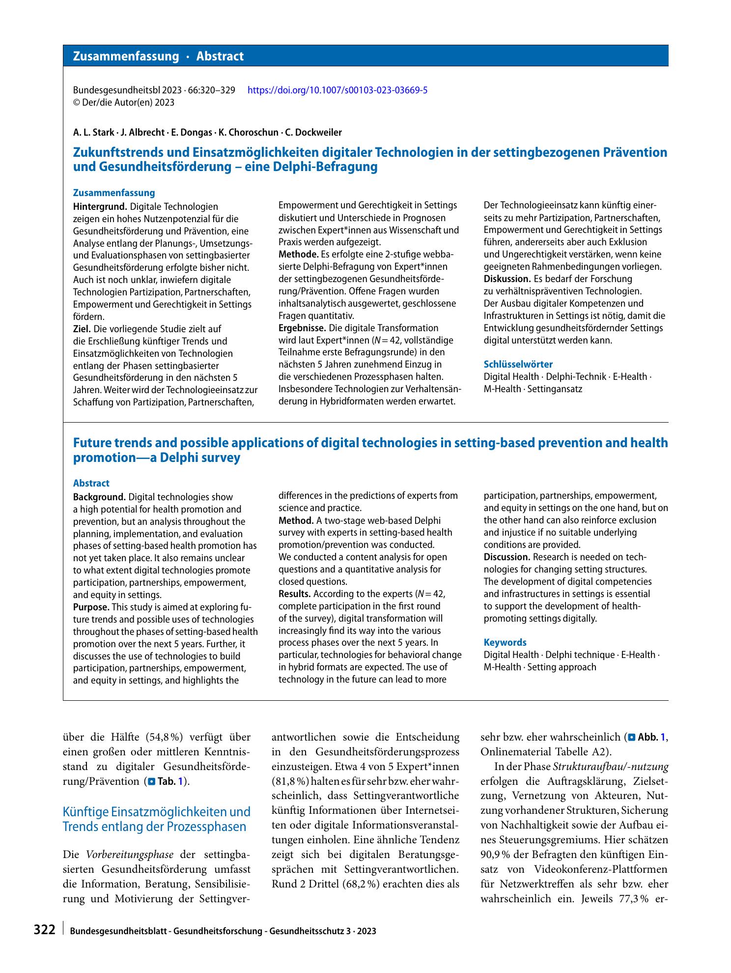 Vorschauseite 3: Zukunftstrends und Einsatzmöglichkeiten digitaler Technologien in der settingbezogenen Prävention und Gesundheitsförderung – eine Delphi-Befragung