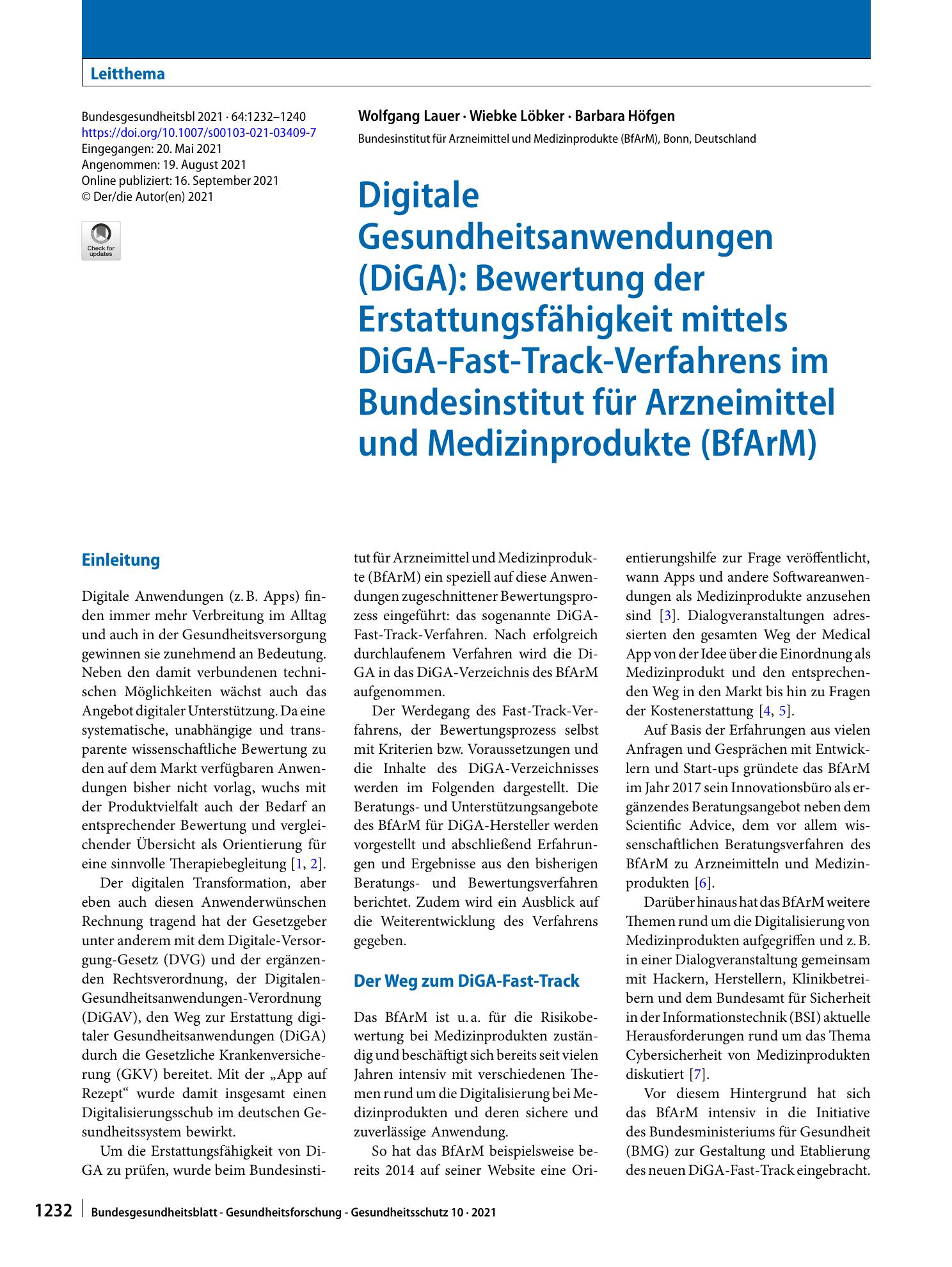 Vorschauseite 1: Digitale Gesundheitsanwendungen (DiGA): Bewertung der Erstattungsfähigkeit mittels DiGA-Fast-Track-Verfahrens im Bundesinstitut für Arzneimittel und Medizinprodukte (BfArM)