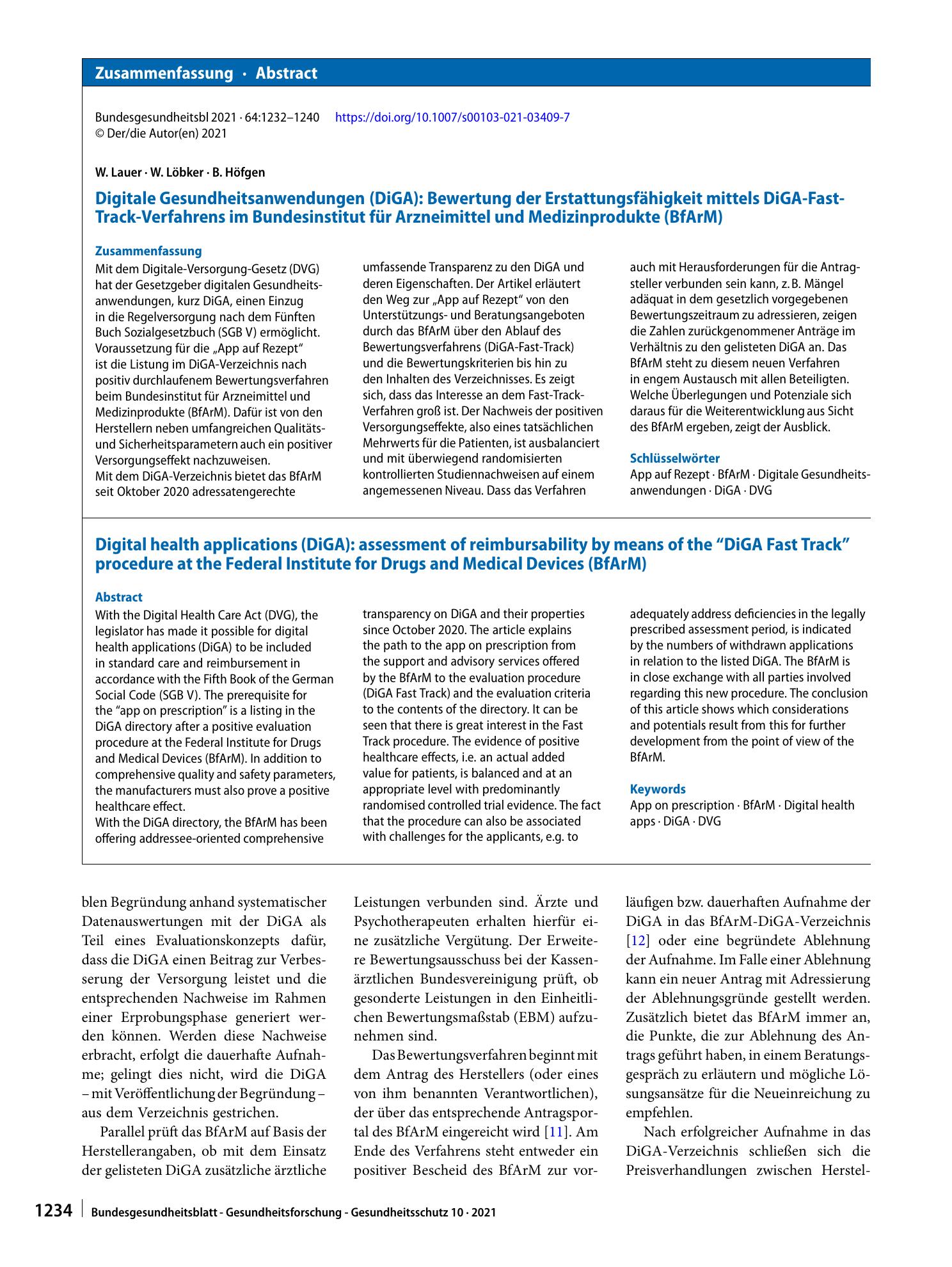 Vorschauseite 3: Digitale Gesundheitsanwendungen (DiGA): Bewertung der Erstattungsfähigkeit mittels DiGA-Fast-Track-Verfahrens im Bundesinstitut für Arzneimittel und Medizinprodukte (BfArM)