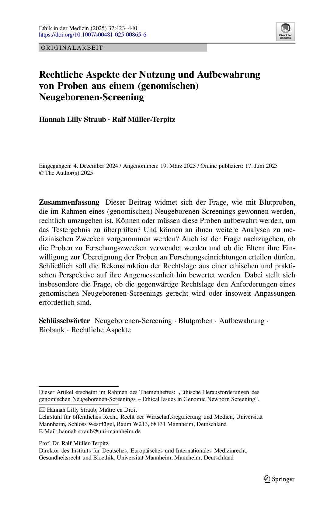 Vorschauseite 1: Rechtliche Aspekte der Nutzung und Aufbewahrung von Proben aus einem (genomischen) Neugeborenen-Screening