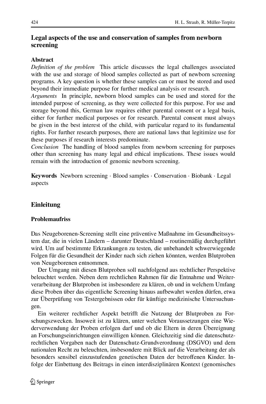 Vorschauseite 2: Rechtliche Aspekte der Nutzung und Aufbewahrung von Proben aus einem (genomischen) Neugeborenen-Screening