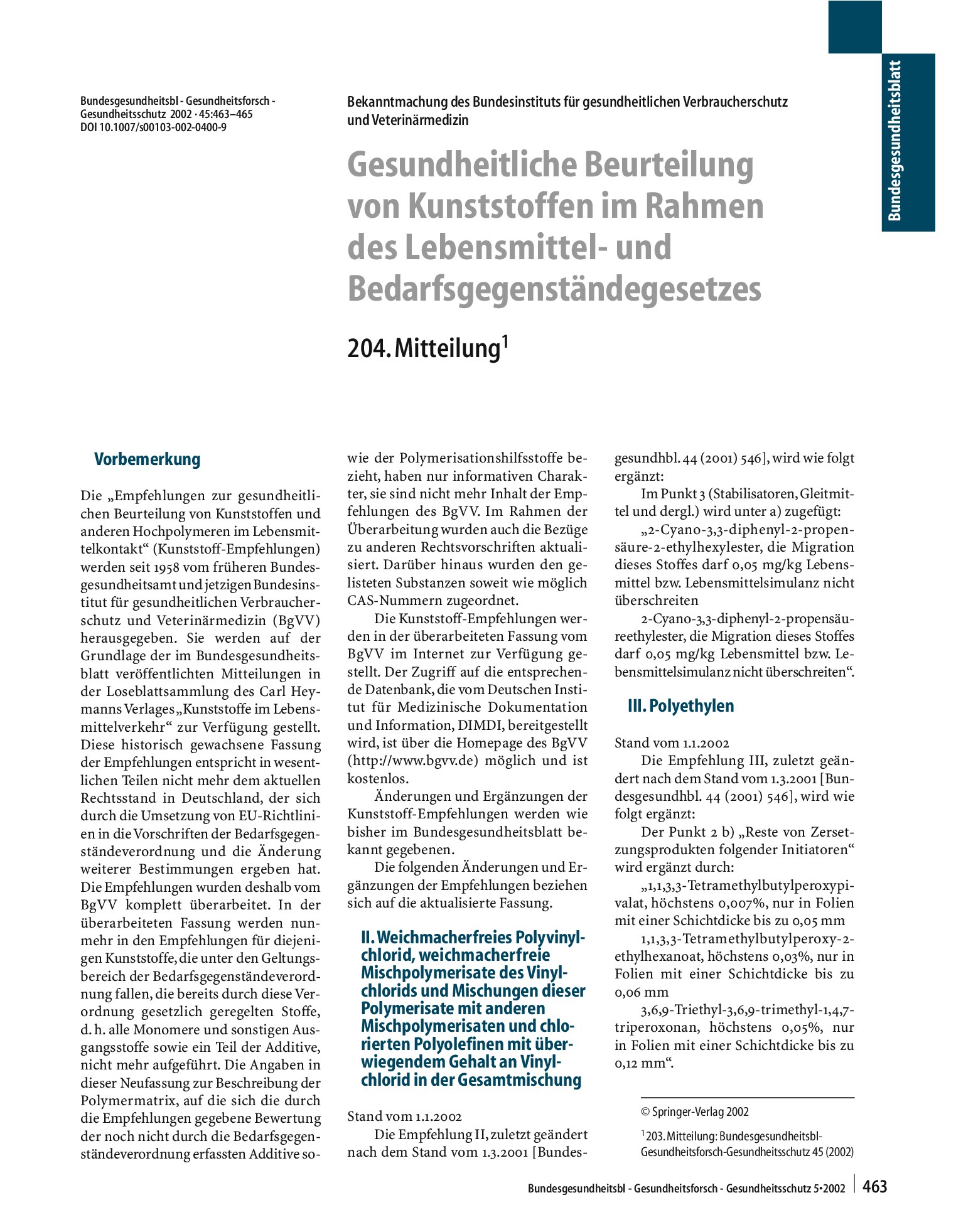 Vorschauseite 1: Gesundheitliche Beurteilung von Kunststoffen im Rahmen des Lebensmittel- und Bedarfsgegenständegesetzes