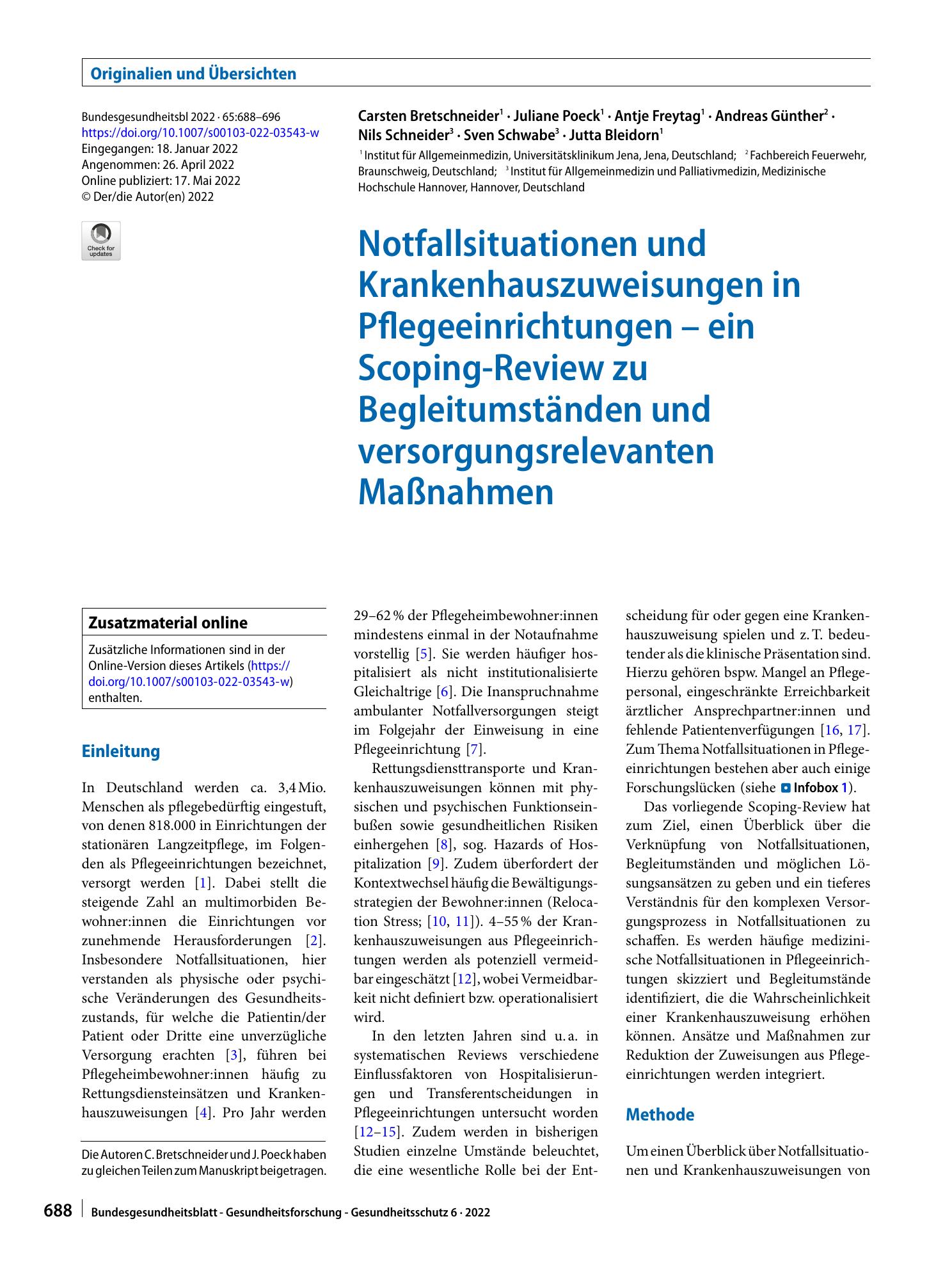 Vorschauseite 1: Notfallsituationen und Krankenhauszuweisungen in Pflegeeinrichtungen – ein Scoping-Review zu Begleitumständen und versorgungsrelevanten Maßnahmen