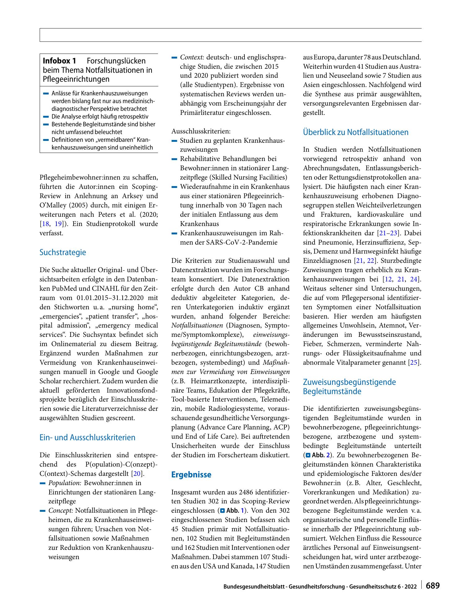 Vorschauseite 2: Notfallsituationen und Krankenhauszuweisungen in Pflegeeinrichtungen – ein Scoping-Review zu Begleitumständen und versorgungsrelevanten Maßnahmen