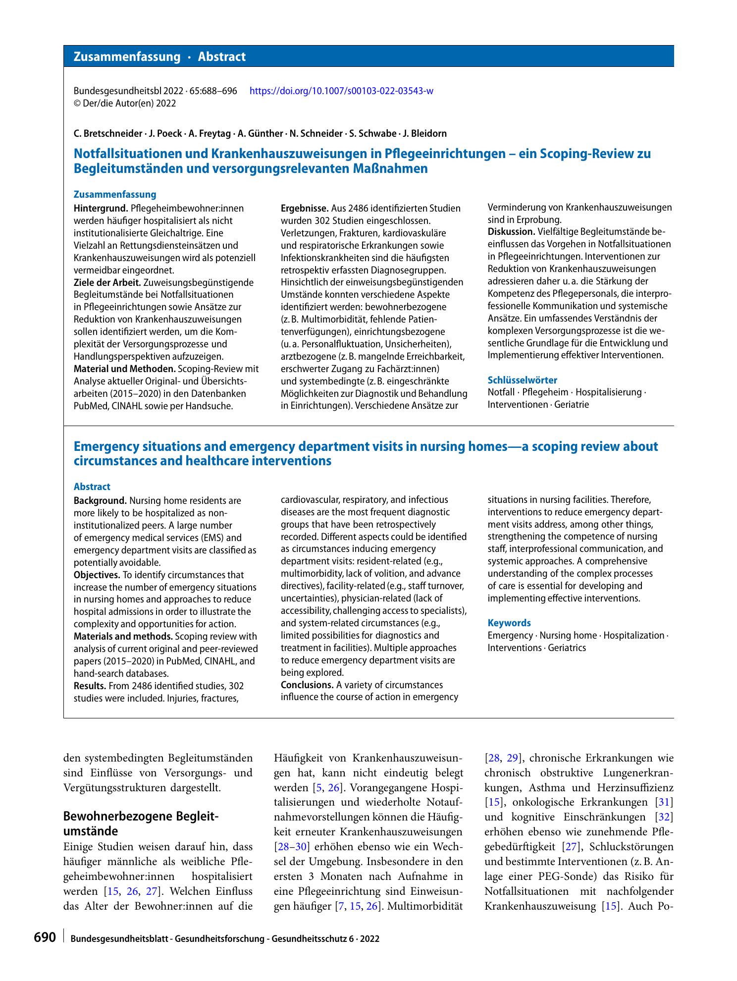 Vorschauseite 3: Notfallsituationen und Krankenhauszuweisungen in Pflegeeinrichtungen – ein Scoping-Review zu Begleitumständen und versorgungsrelevanten Maßnahmen