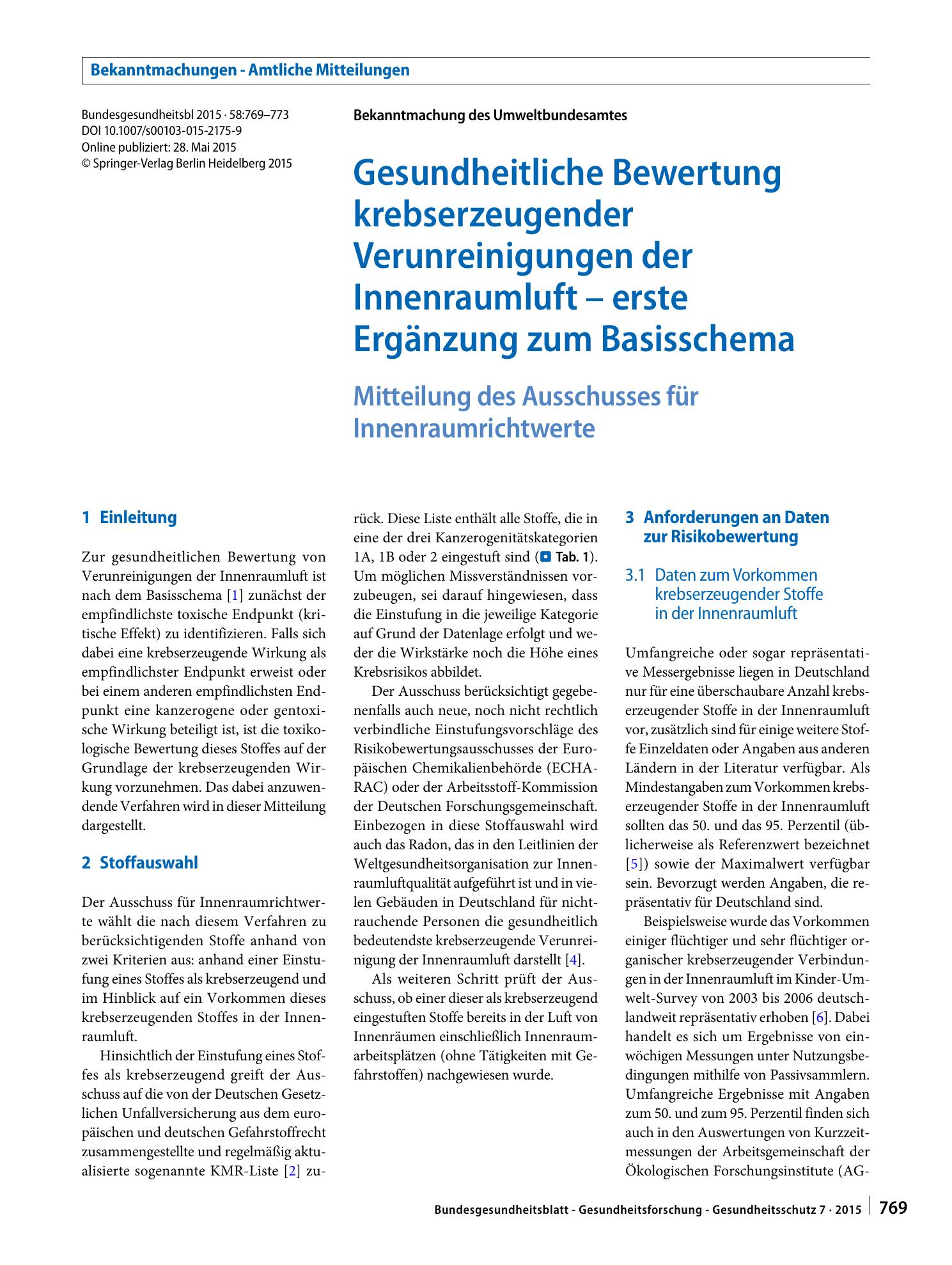Vorschauseite 1: Gesundheitliche Bewertung krebserzeugender Verunreinigungen der Innenraumluft – erste Ergänzung zum Basisschema