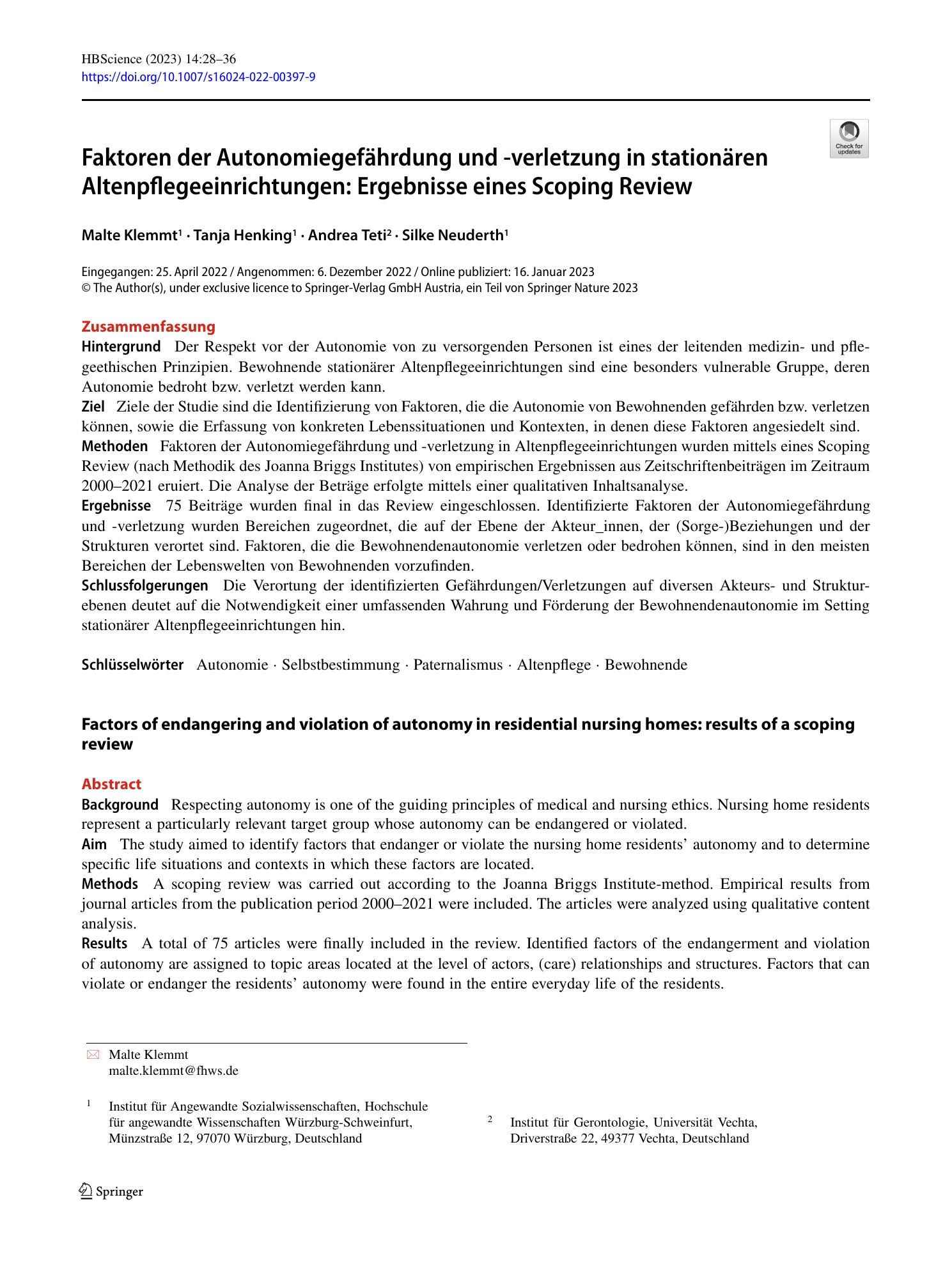 Vorschauseite 1: Faktoren der Autonomiegefährdung und -verletzung in stationären Altenpflegeeinrichtungen: Ergebnisse eines Scoping Review