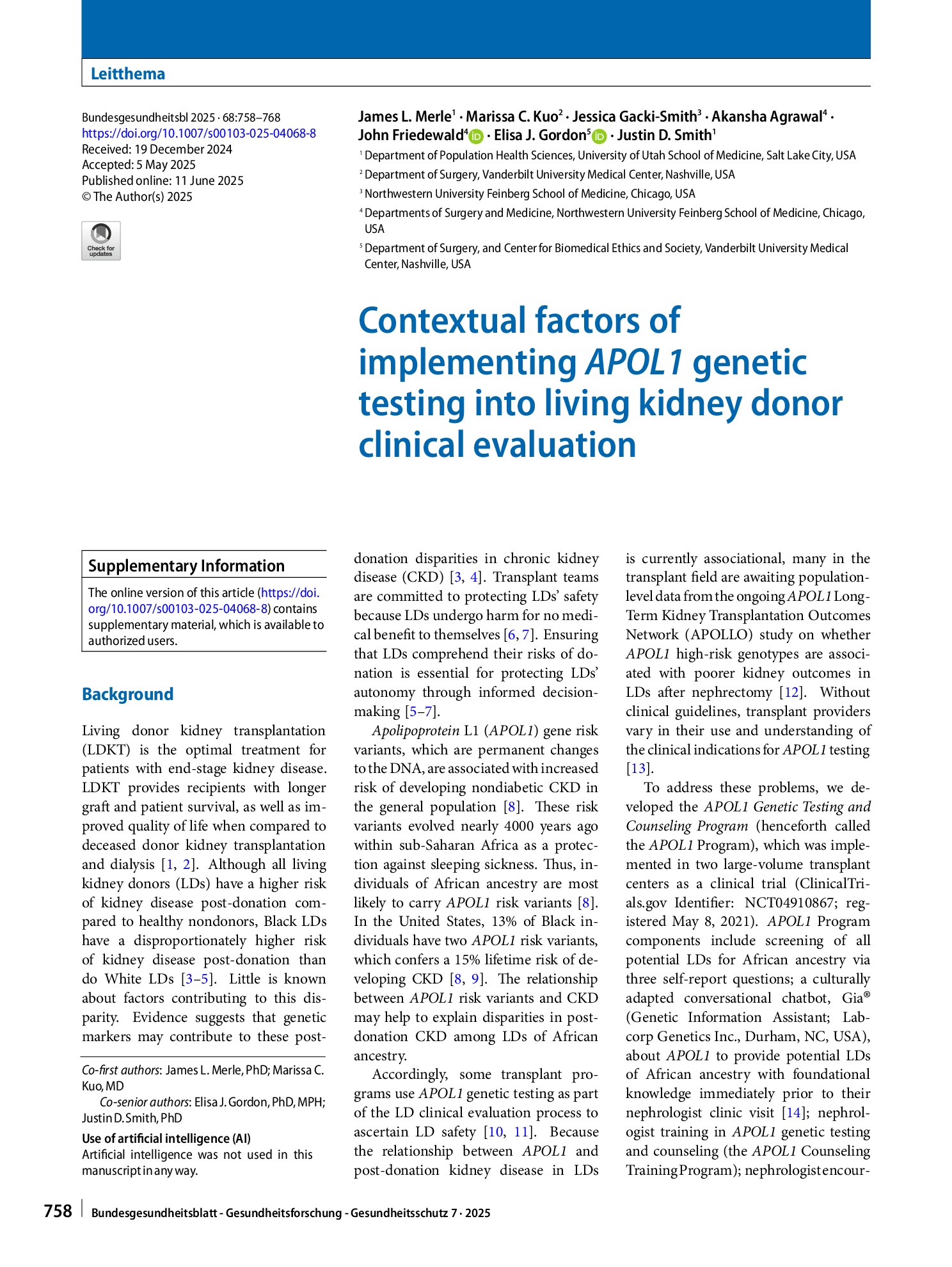Vorschauseite 1: Contextual factors of implementing APOL1 genetic testing into living kidney donor clinical evaluation