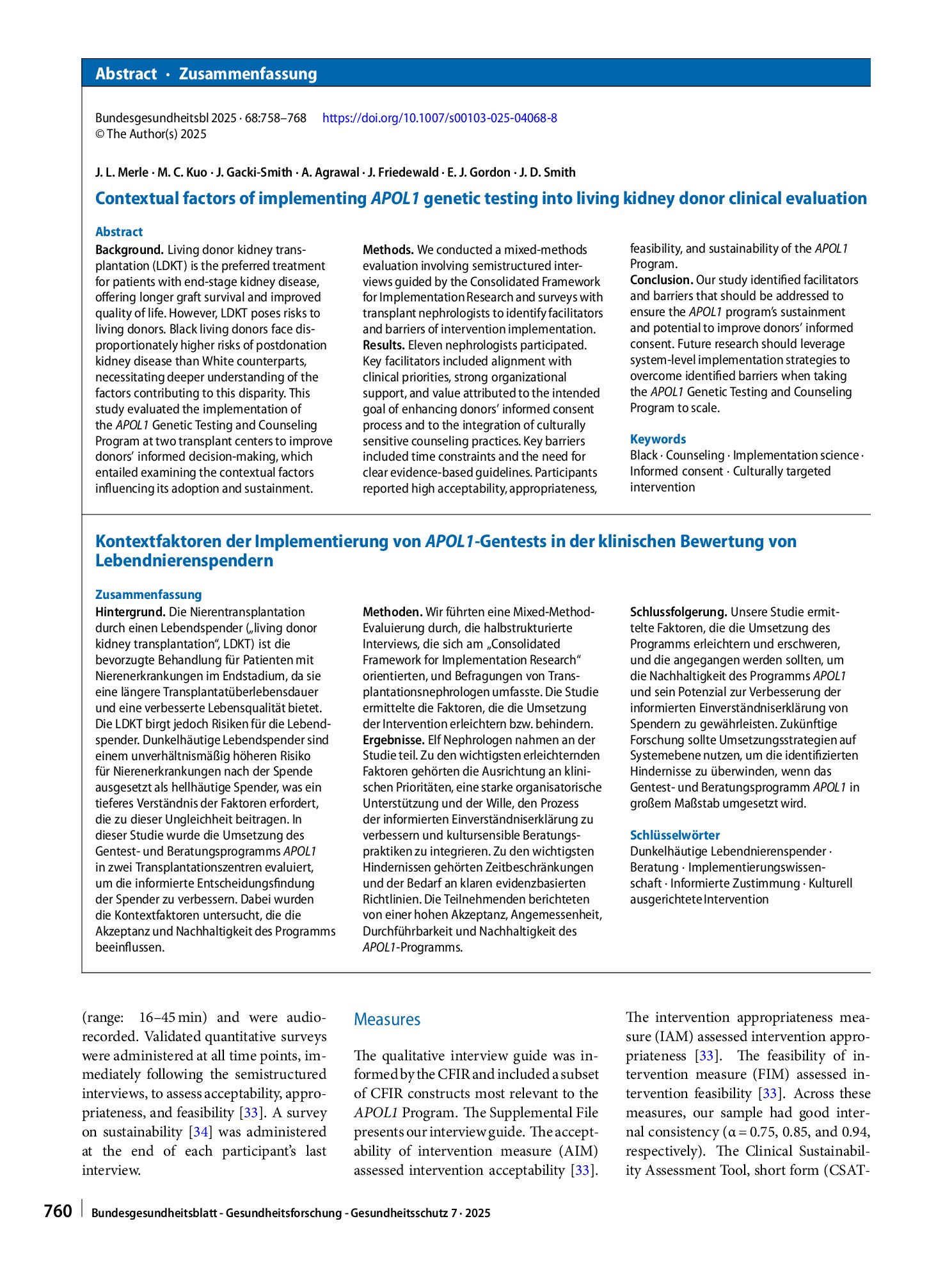 Vorschauseite 3: Contextual factors of implementing APOL1 genetic testing into living kidney donor clinical evaluation