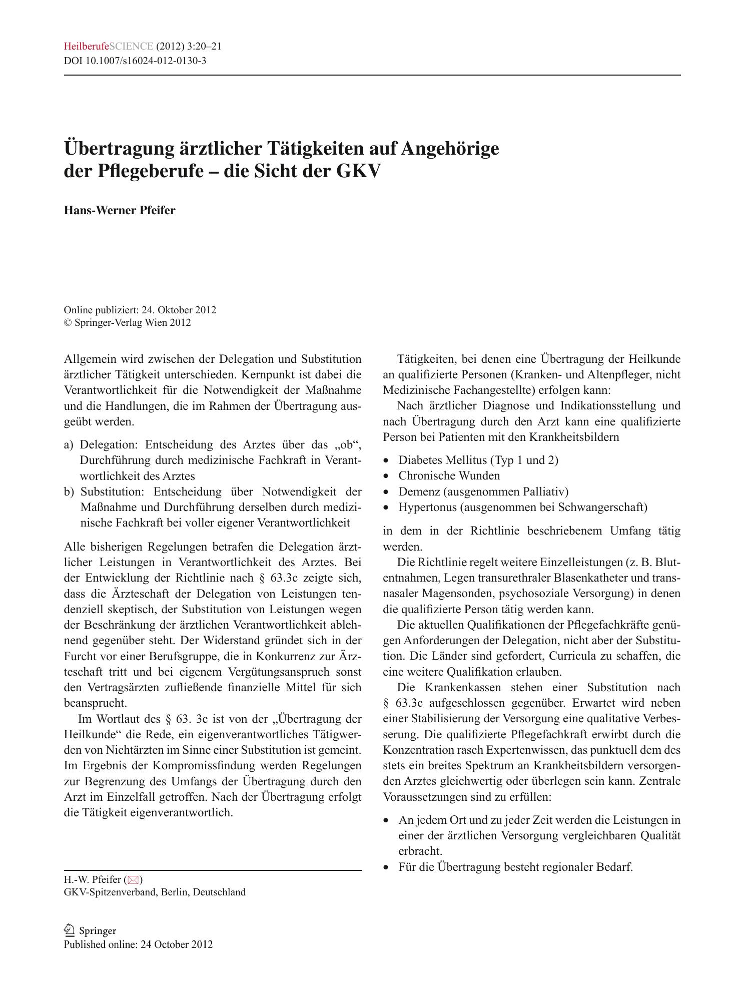 Vorschauseite 1: Übertragung ärztlicher Tätigkeiten auf Angehörige der Pflegeberufe – die Sicht der GKV