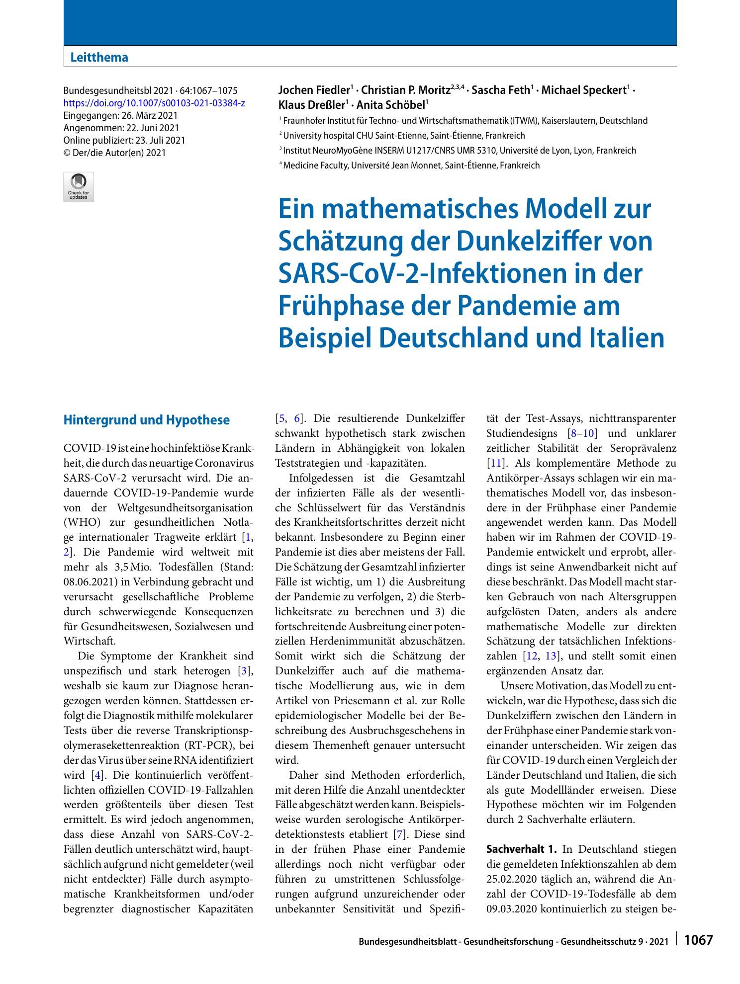 Vorschauseite 1: Ein mathematisches Modell zur Schätzung der Dunkelziffer von SARS-CoV-2-Infektionen in der Frühphase der Pandemie am Beispiel Deutschland und Italien