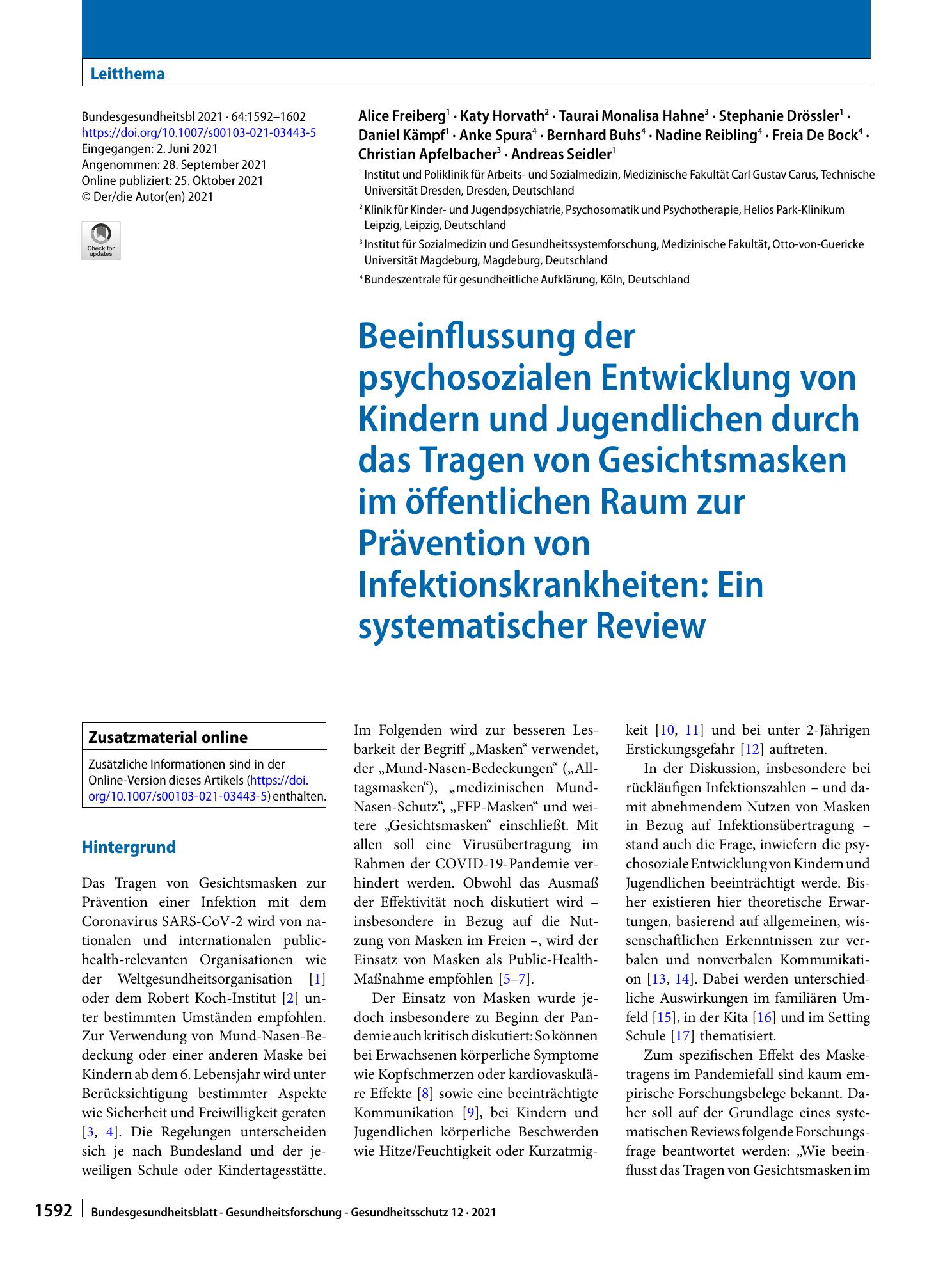 Vorschauseite 1: Beeinflussung der psychosozialen Entwicklung von Kindern und Jugendlichen durch das Tragen von Gesichtsmasken im öffentlichen Raum zur Prävention von Infektionskrankheiten: Ein sy…