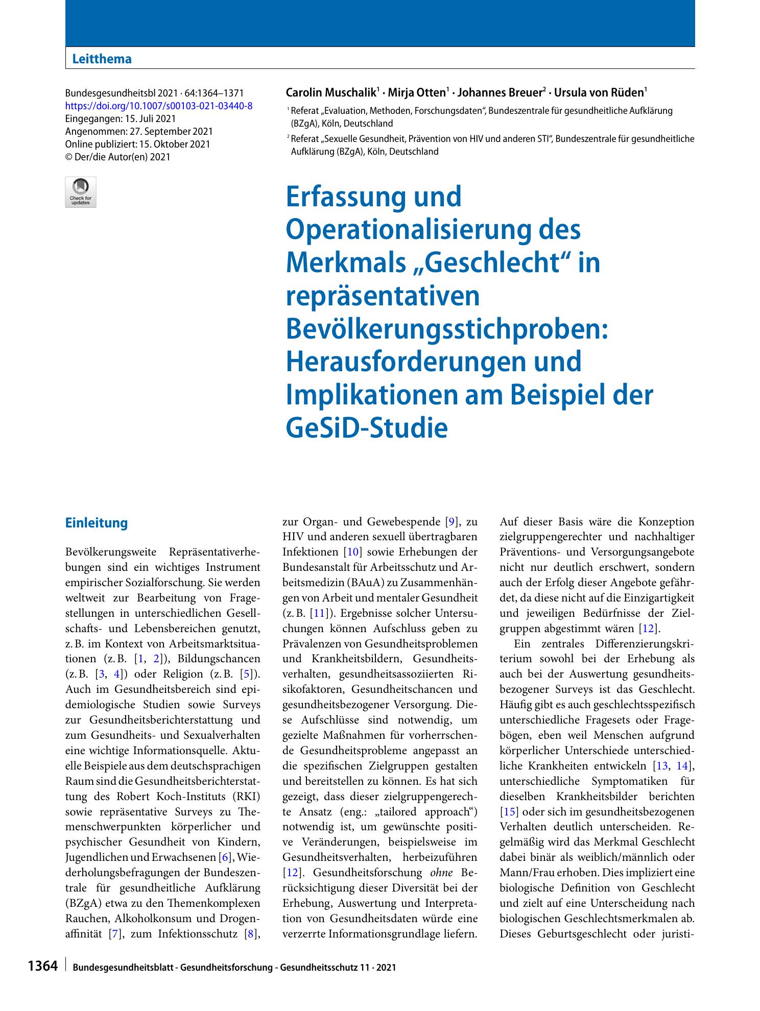 Vorschauseite 1: Erfassung und Operationalisierung des Merkmals „Geschlecht“ in repräsentativen Bevölkerungsstichproben: Herausforderungen und Implikationen am Beispiel der GeSiD-Studie