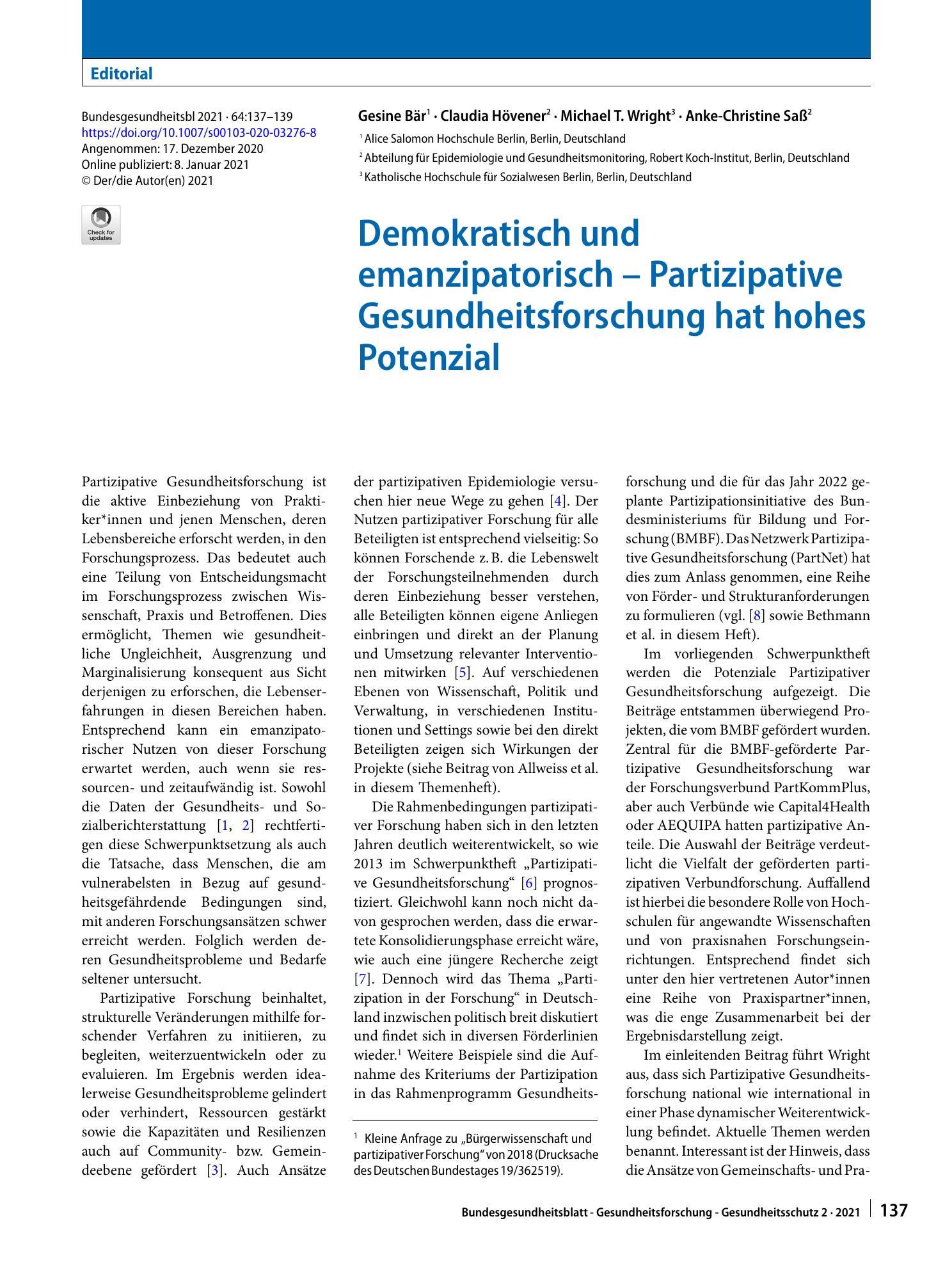 Vorschauseite 1: Demokratisch und emanzipatorisch – Partizipative Gesundheitsforschung hat hohes Potenzial