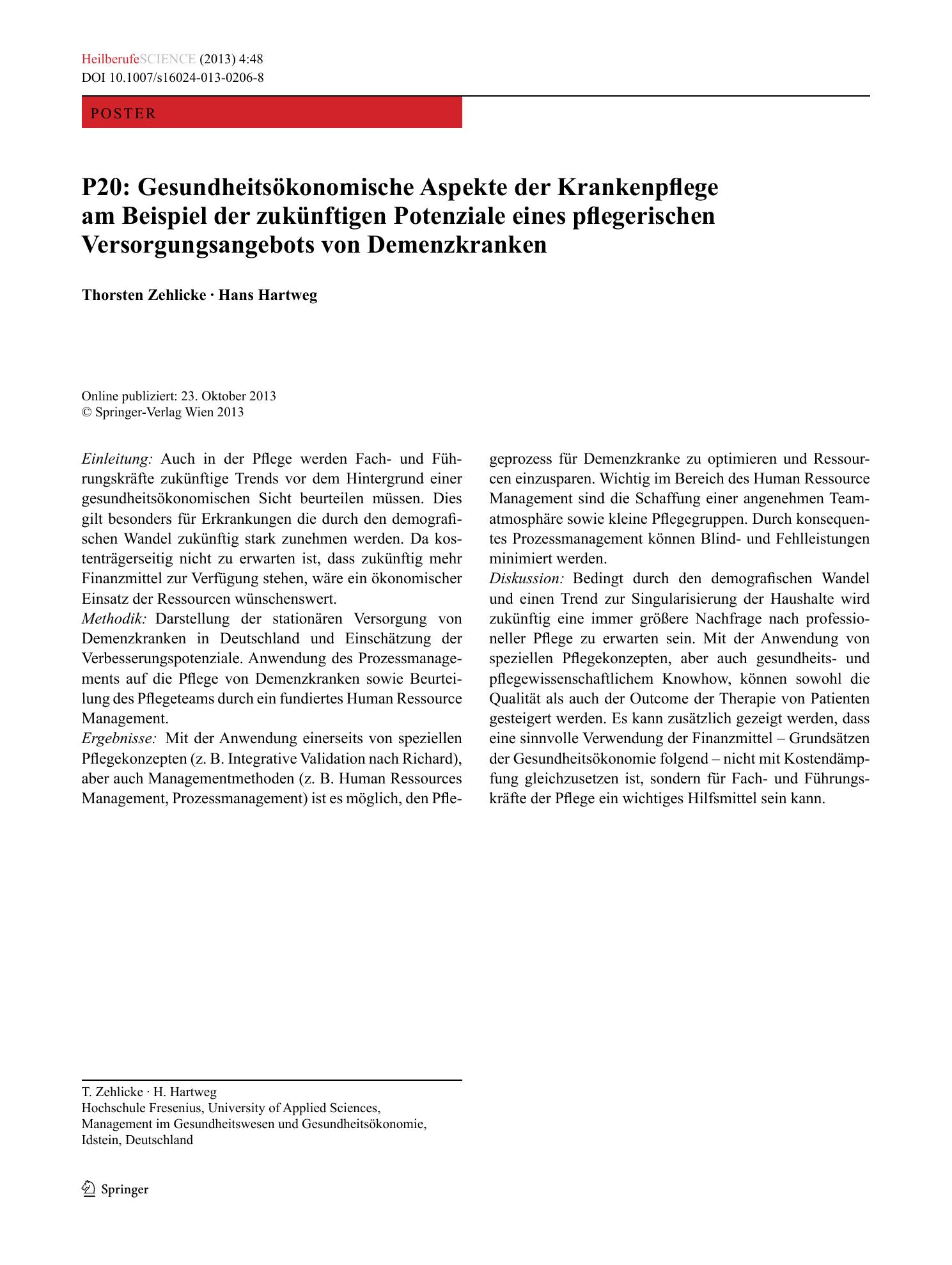 Vorschauseite 1: P20:Gesundheitsökonomische Aspekte der Krankenpflege am Beispiel der zukünftigen Potenziale eines pflegerischen Versorgungsangebots von Demenzkranken