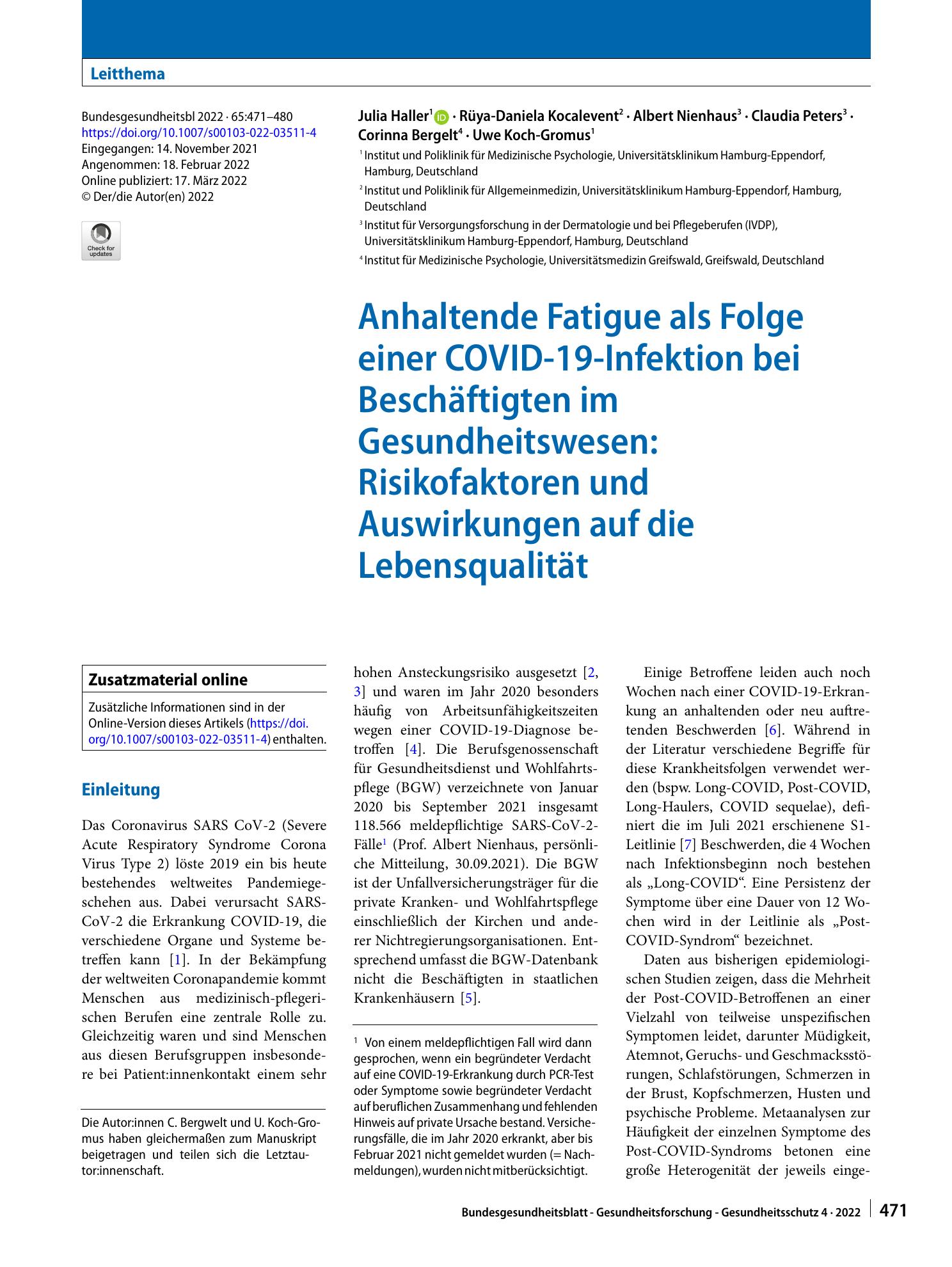 Vorschauseite 1: Anhaltende Fatigue als Folge einer COVID-19-Infektion bei Beschäftigten im Gesundheitswesen: Risikofaktoren und Auswirkungen auf die Lebensqualität