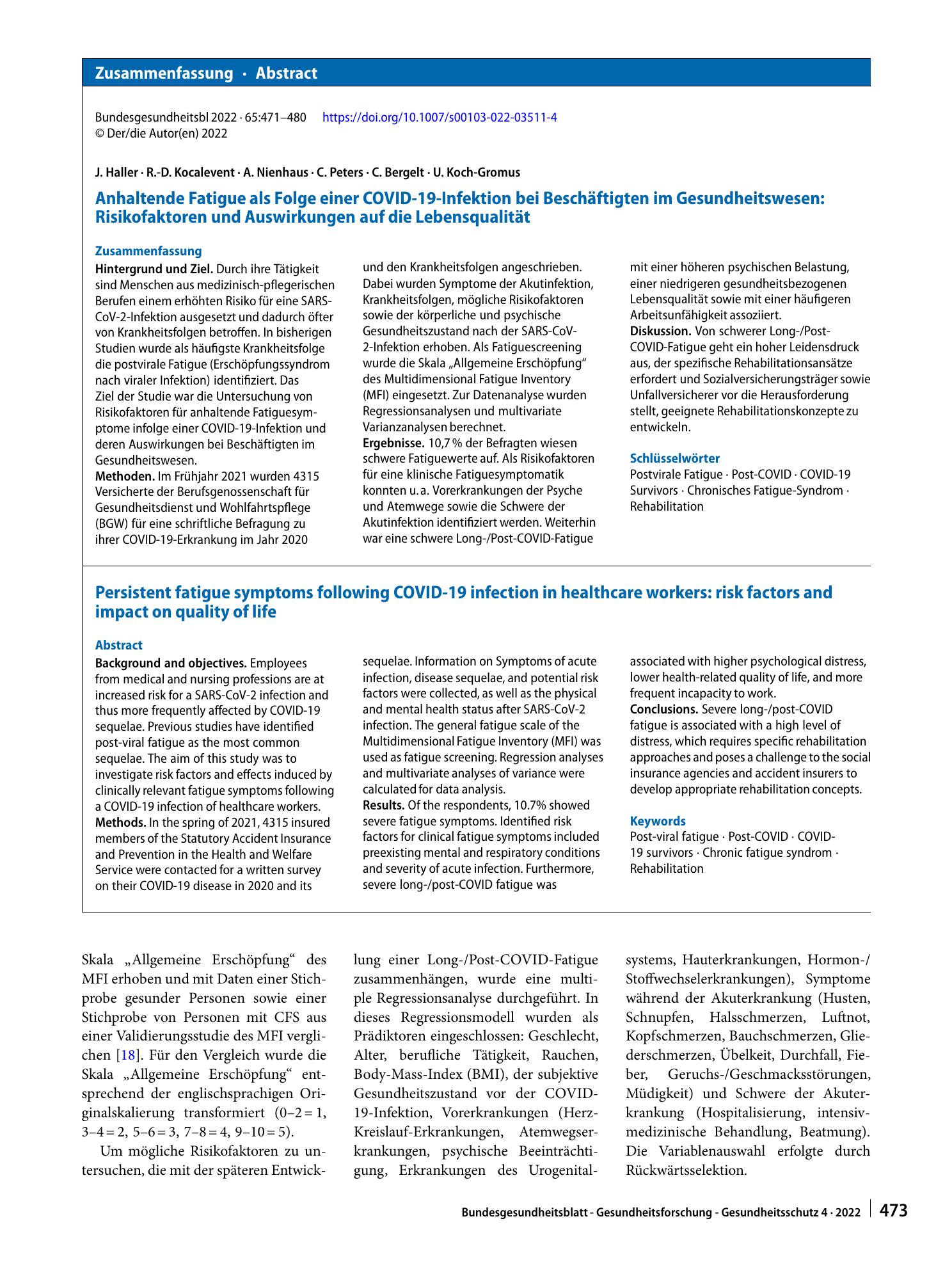 Vorschauseite 3: Anhaltende Fatigue als Folge einer COVID-19-Infektion bei Beschäftigten im Gesundheitswesen: Risikofaktoren und Auswirkungen auf die Lebensqualität