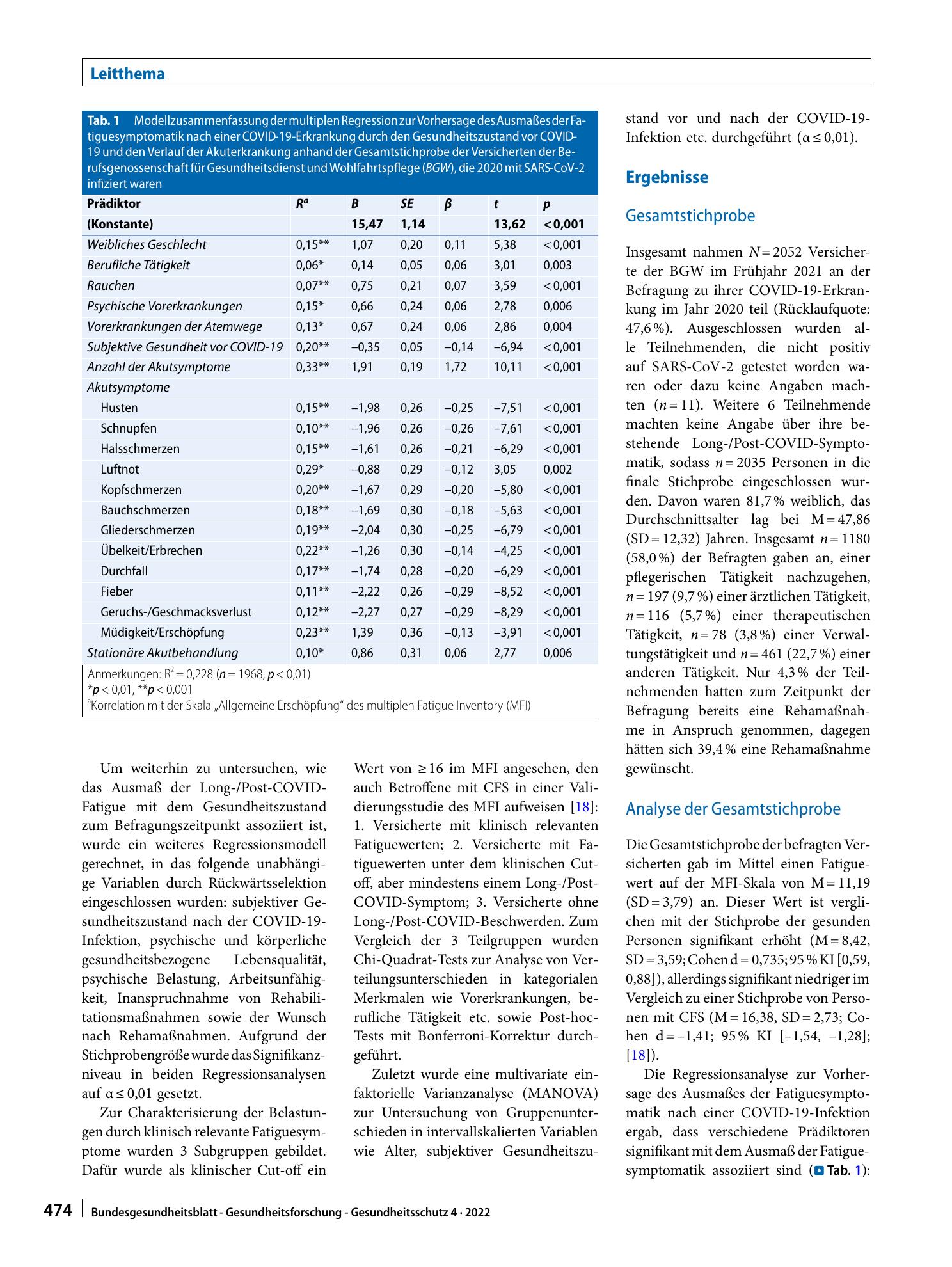Vorschauseite 4: Anhaltende Fatigue als Folge einer COVID-19-Infektion bei Beschäftigten im Gesundheitswesen: Risikofaktoren und Auswirkungen auf die Lebensqualität
