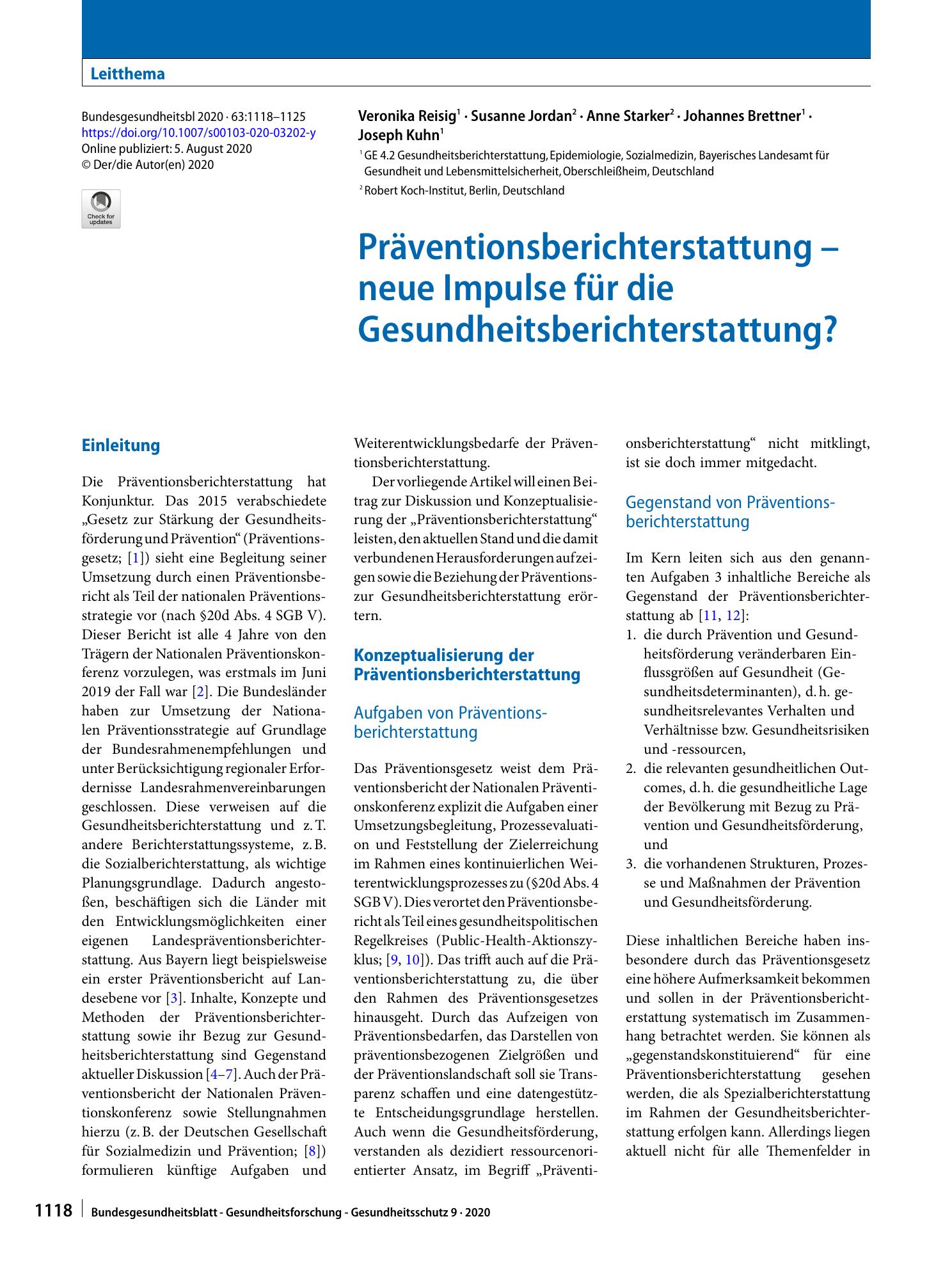 Vorschauseite 1: Präventionsberichterstattung – neue Impulse für die Gesundheitsberichterstattung?