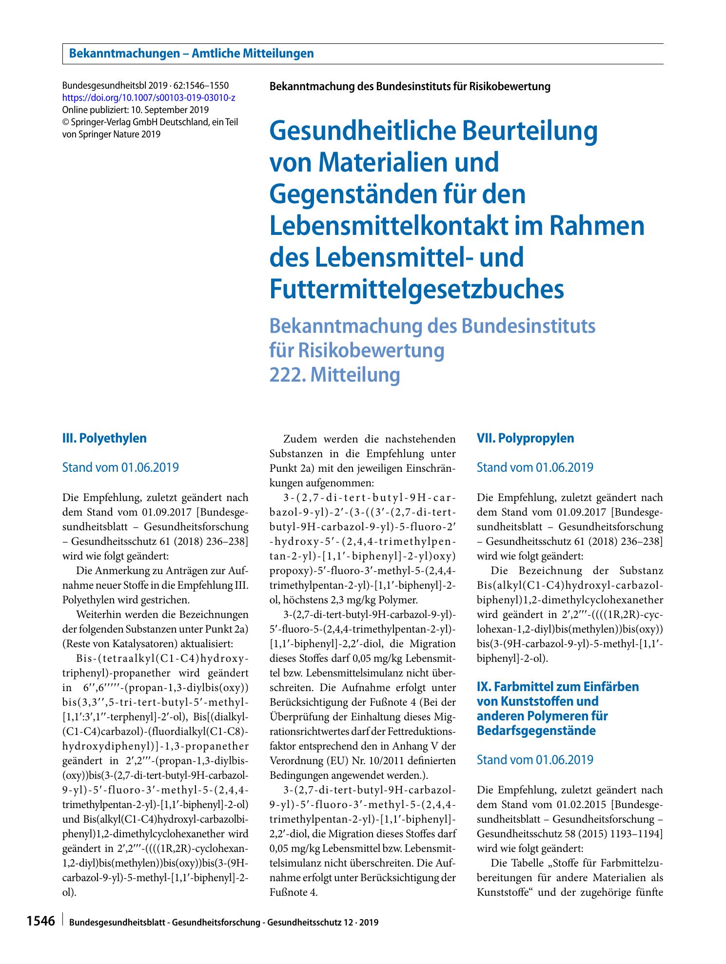 Vorschauseite 1: Gesundheitliche Beurteilung von Materialien und Gegenständen für den Lebensmittelkontakt im Rahmen des Lebensmittel- und Futtermittelgesetzbuches
