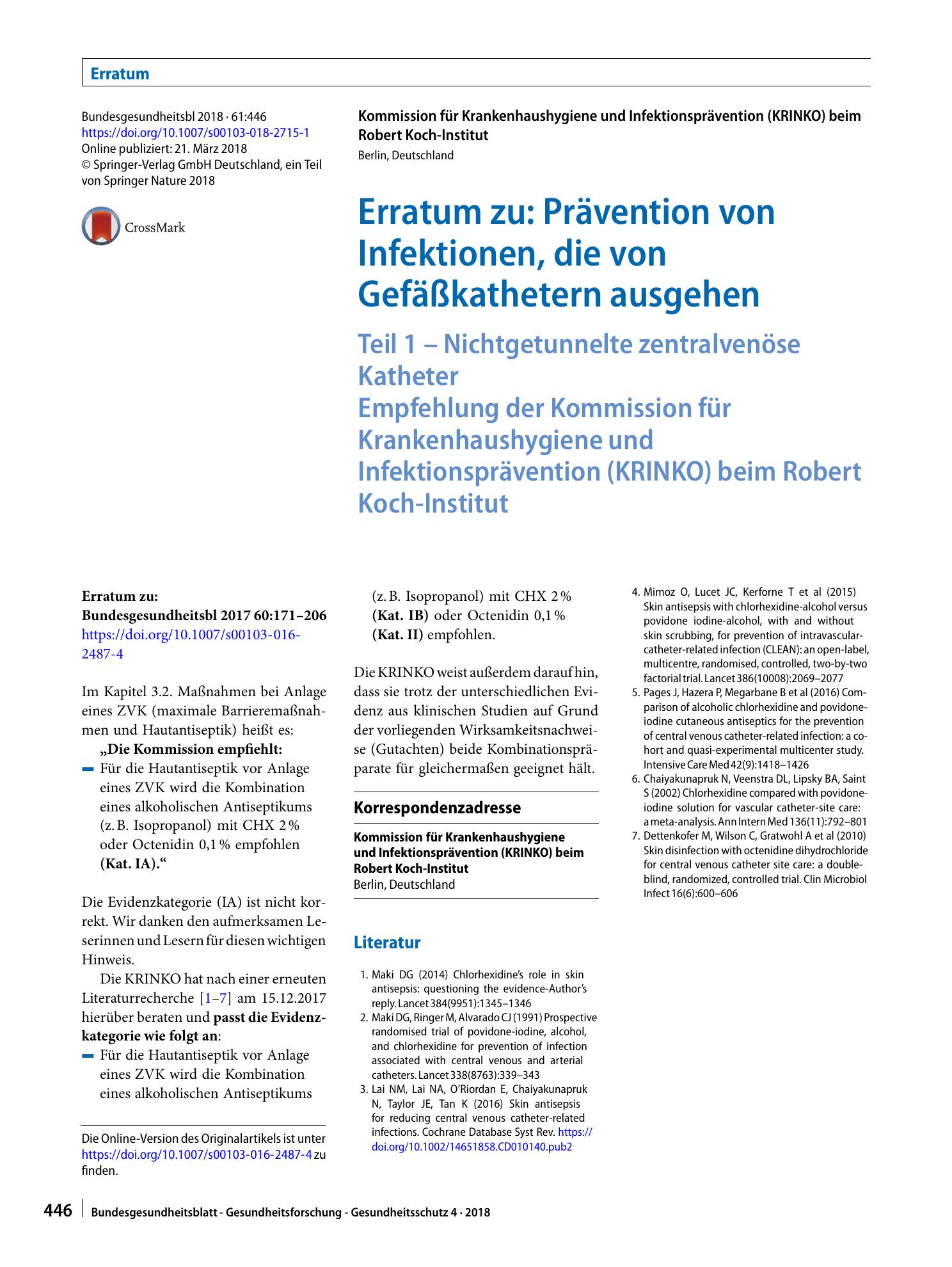 Vorschauseite 1: Erratum zu: Prävention von Infektionen, die von Gefäßkathetern ausgehen