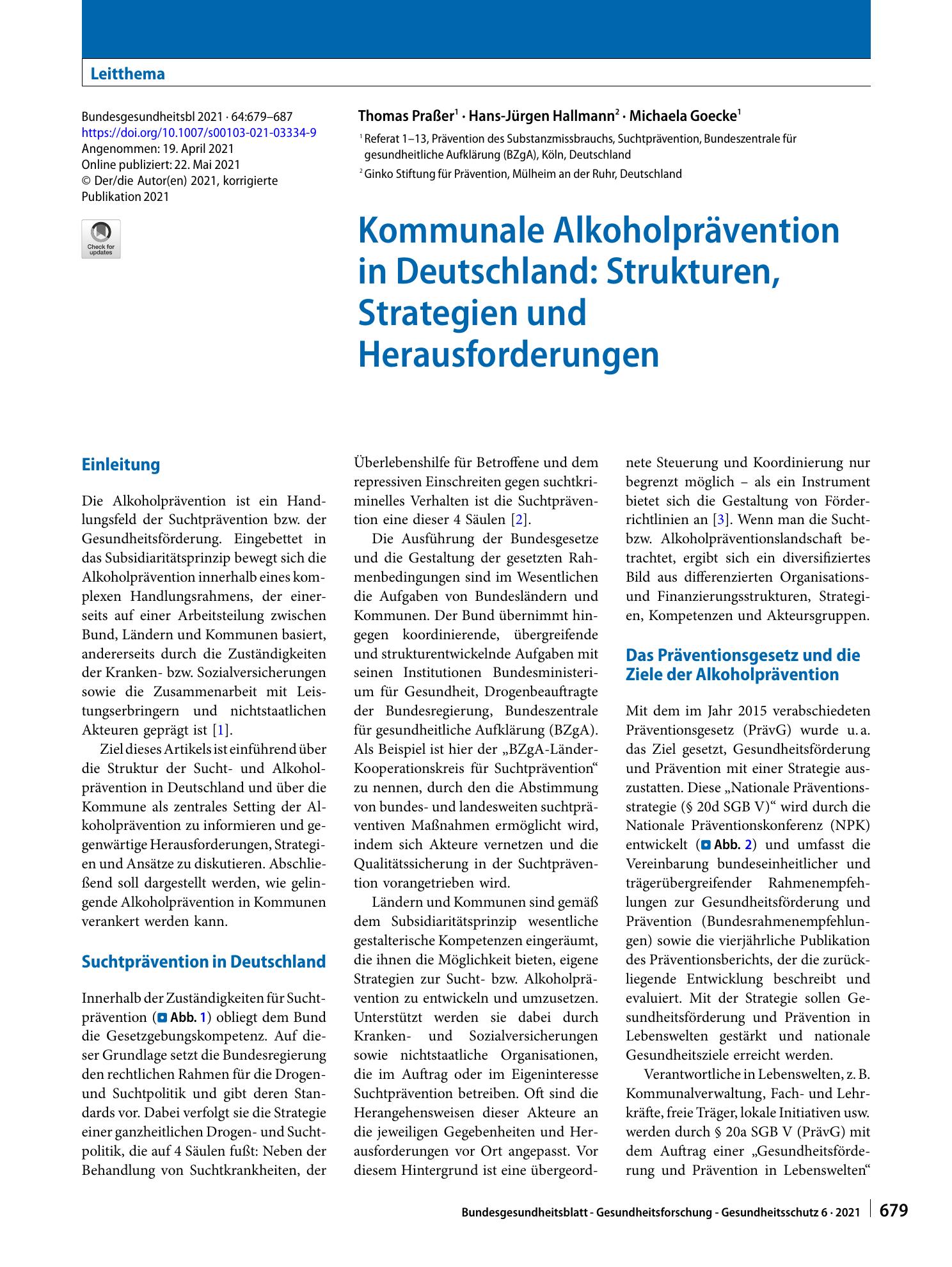 Vorschauseite 1: Kommunale Alkoholprävention in Deutschland: Strukturen, Strategien und Herausforderungen