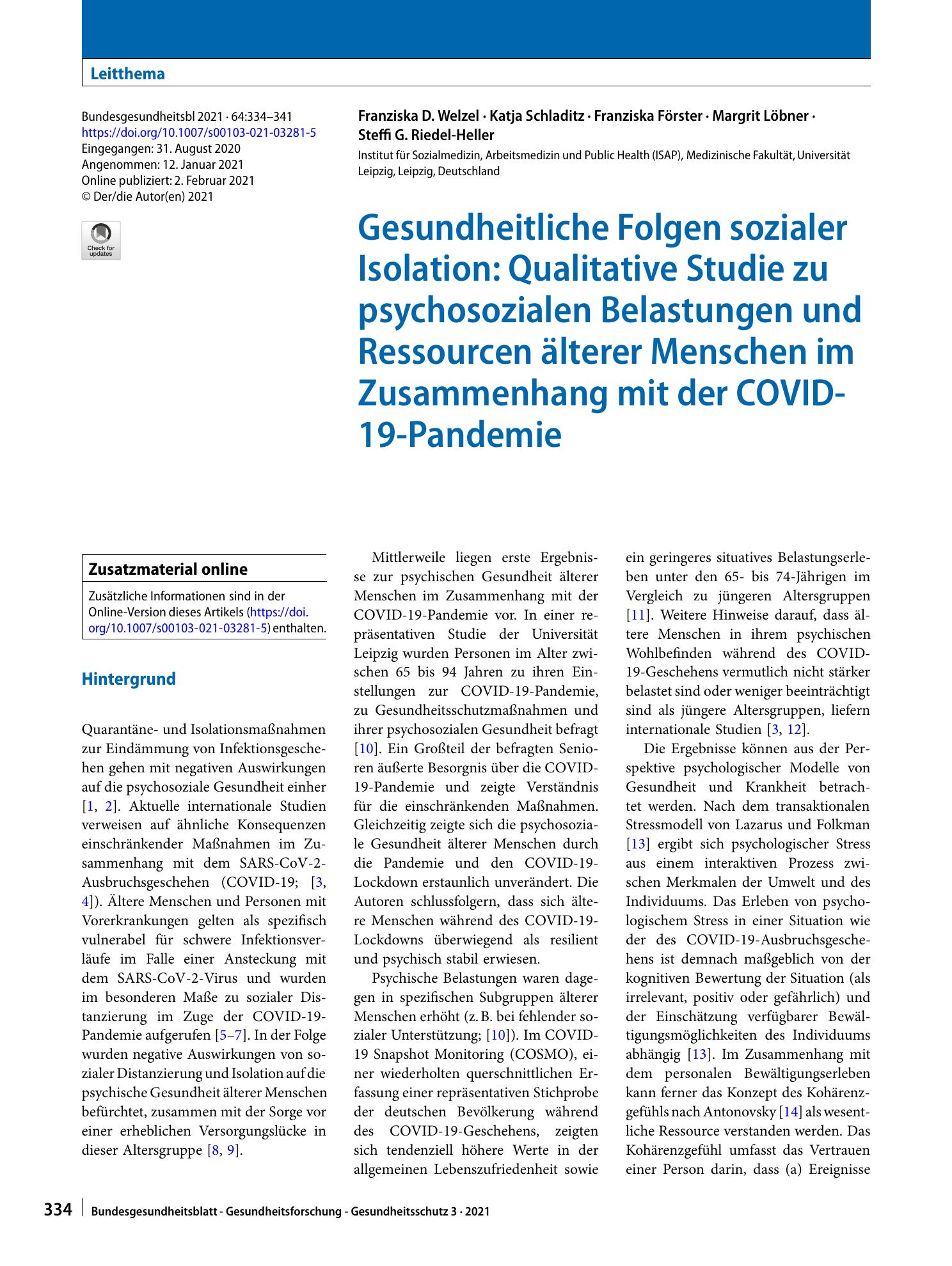 Vorschauseite 1: Gesundheitliche Folgen sozialer Isolation: Qualitative Studie zu psychosozialen Belastungen und Ressourcen älterer Menschen im Zusammenhang mit der COVID-19-Pandemie