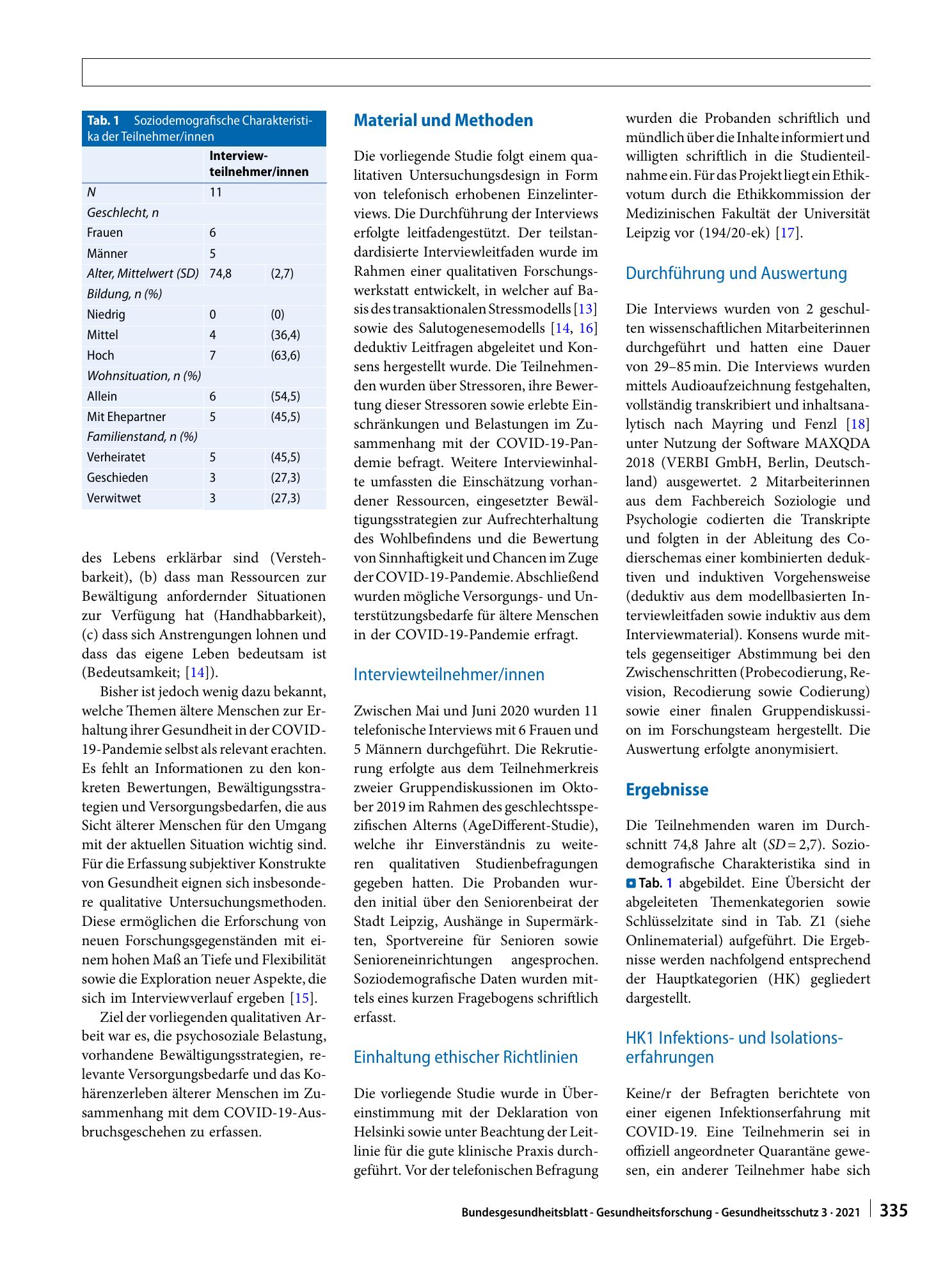 Vorschauseite 2: Gesundheitliche Folgen sozialer Isolation: Qualitative Studie zu psychosozialen Belastungen und Ressourcen älterer Menschen im Zusammenhang mit der COVID-19-Pandemie