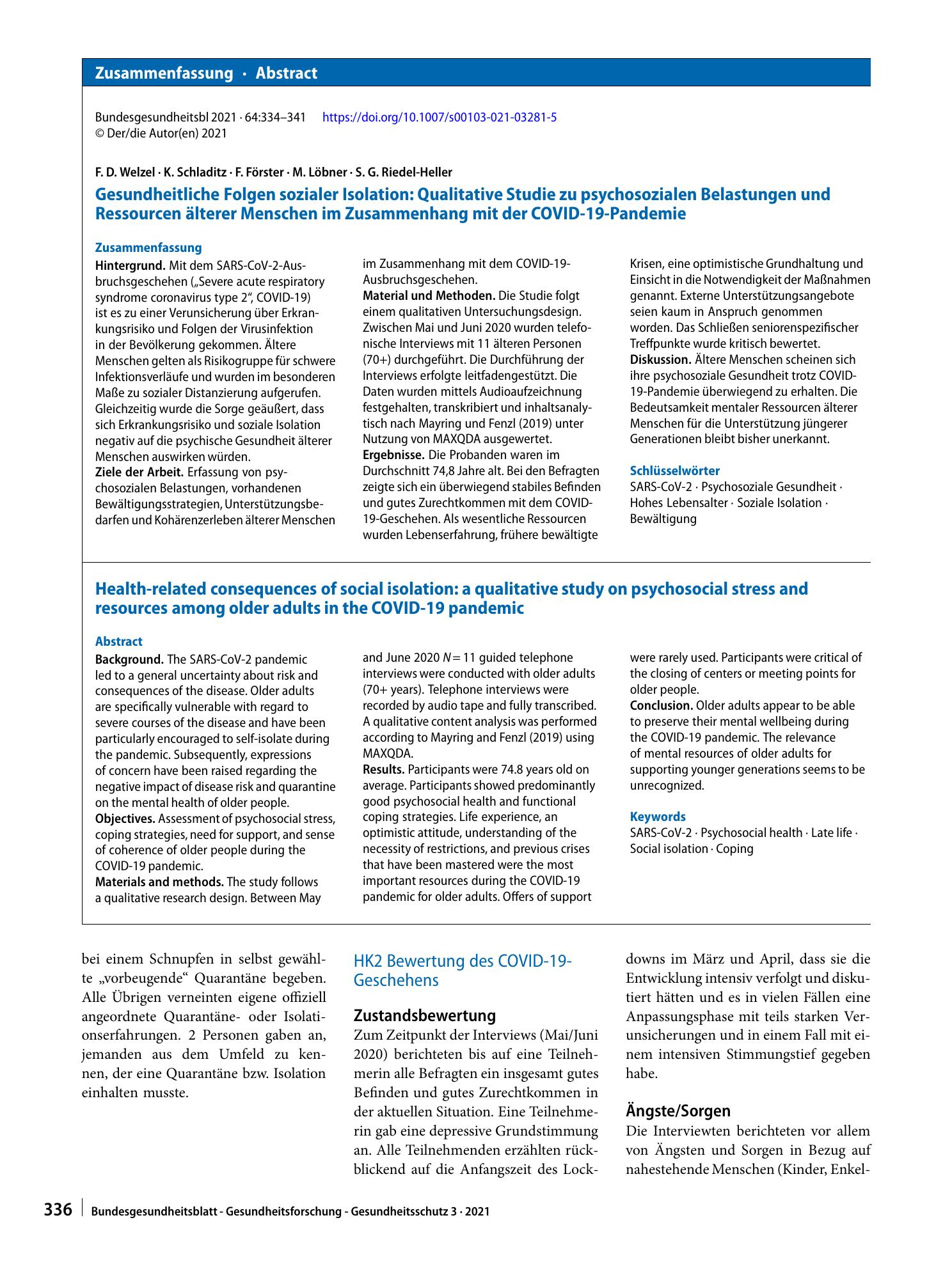 Vorschauseite 3: Gesundheitliche Folgen sozialer Isolation: Qualitative Studie zu psychosozialen Belastungen und Ressourcen älterer Menschen im Zusammenhang mit der COVID-19-Pandemie