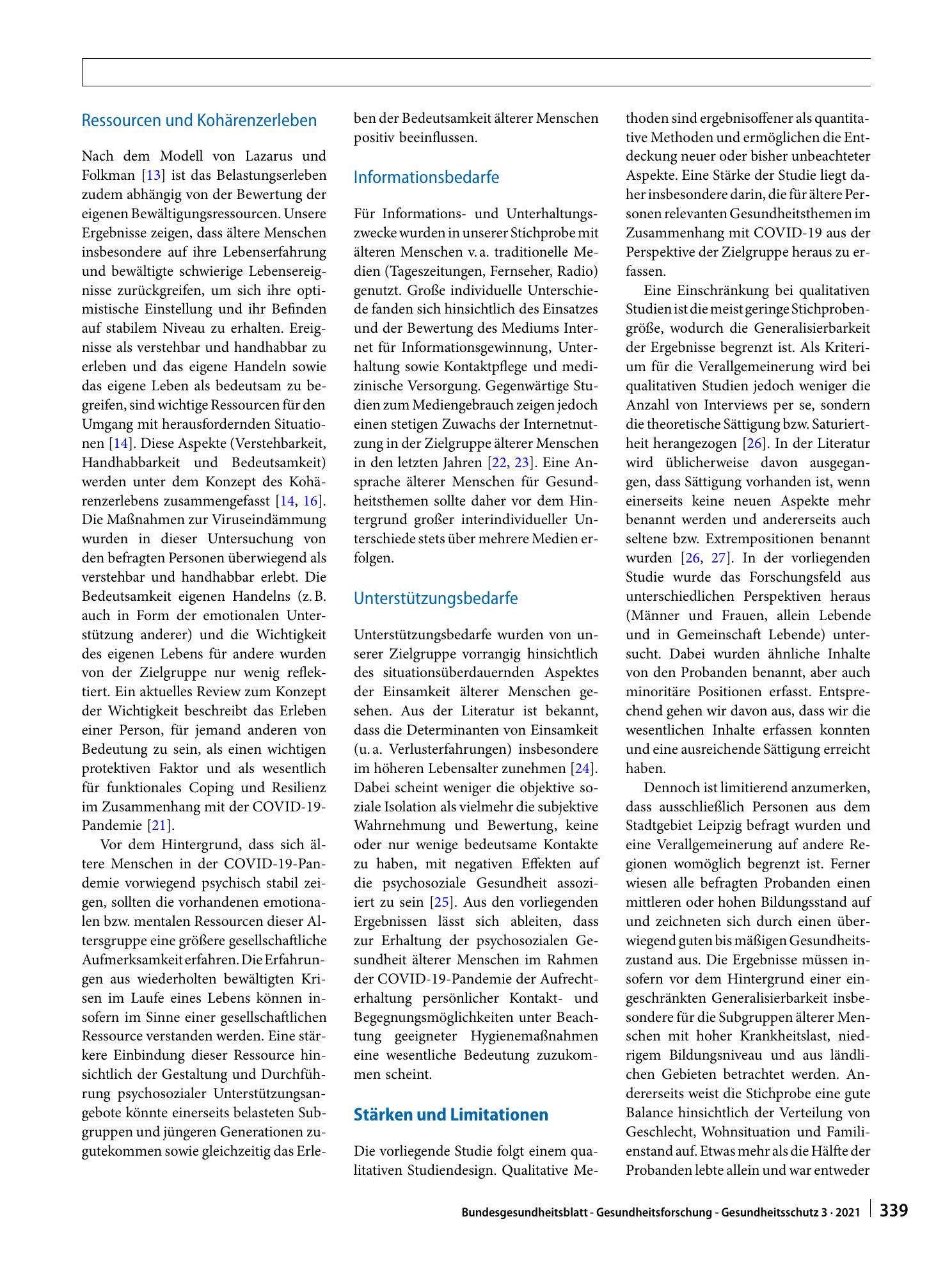 Vorschauseite 6: Gesundheitliche Folgen sozialer Isolation: Qualitative Studie zu psychosozialen Belastungen und Ressourcen älterer Menschen im Zusammenhang mit der COVID-19-Pandemie