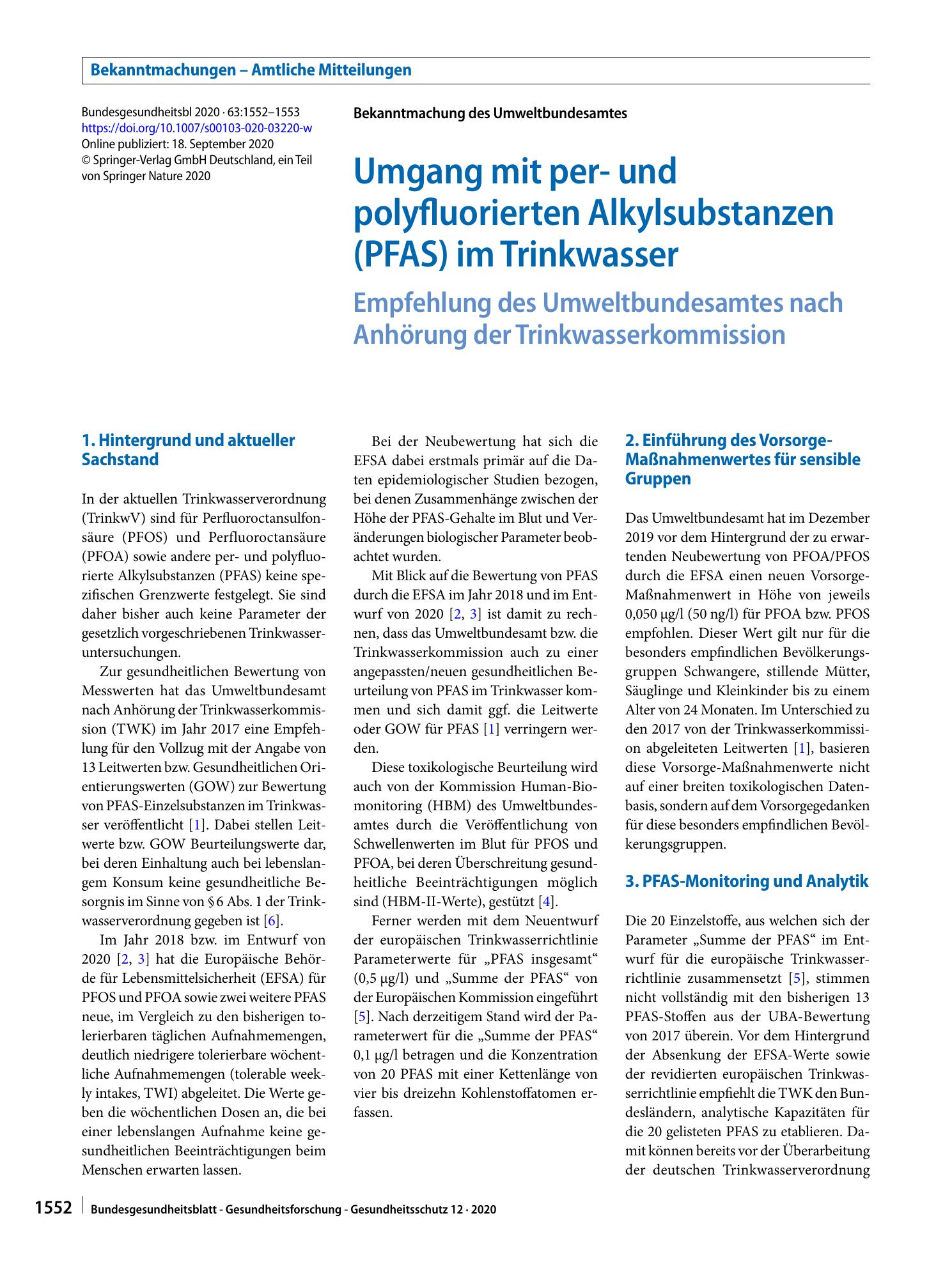 Vorschauseite 1: Umgang mit per- und polyfluorierten Alkylsubstanzen (PFAS) im Trinkwasser