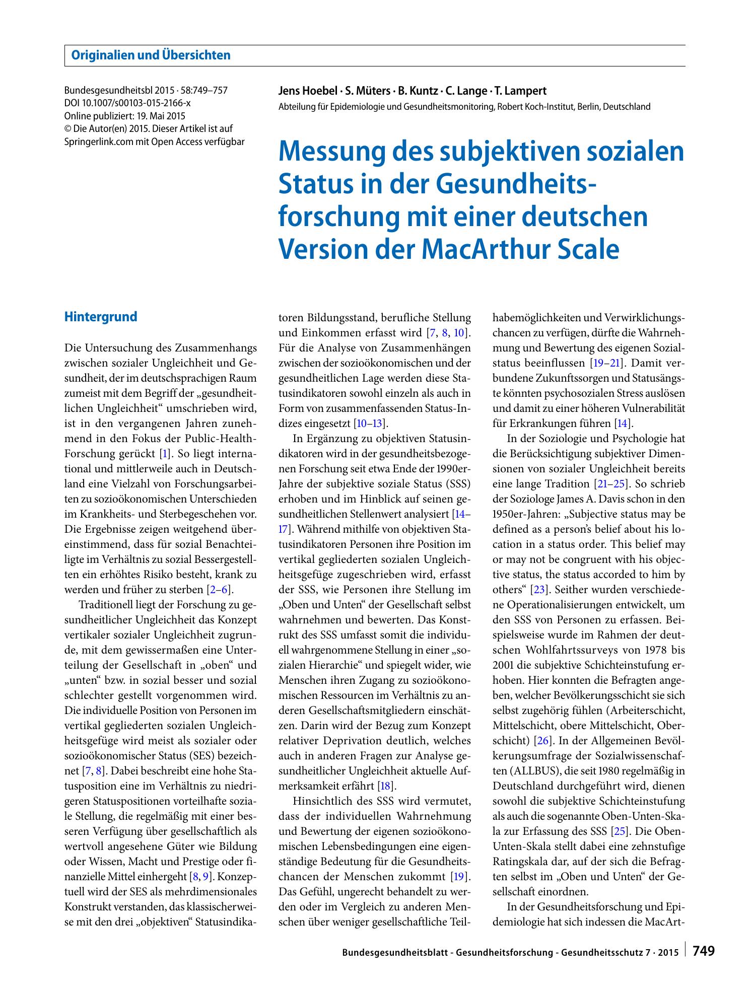 Vorschauseite 1: Messung des subjektiven sozialen Status in der Gesundheitsforschung mit einer deutschen Version der MacArthur Scale