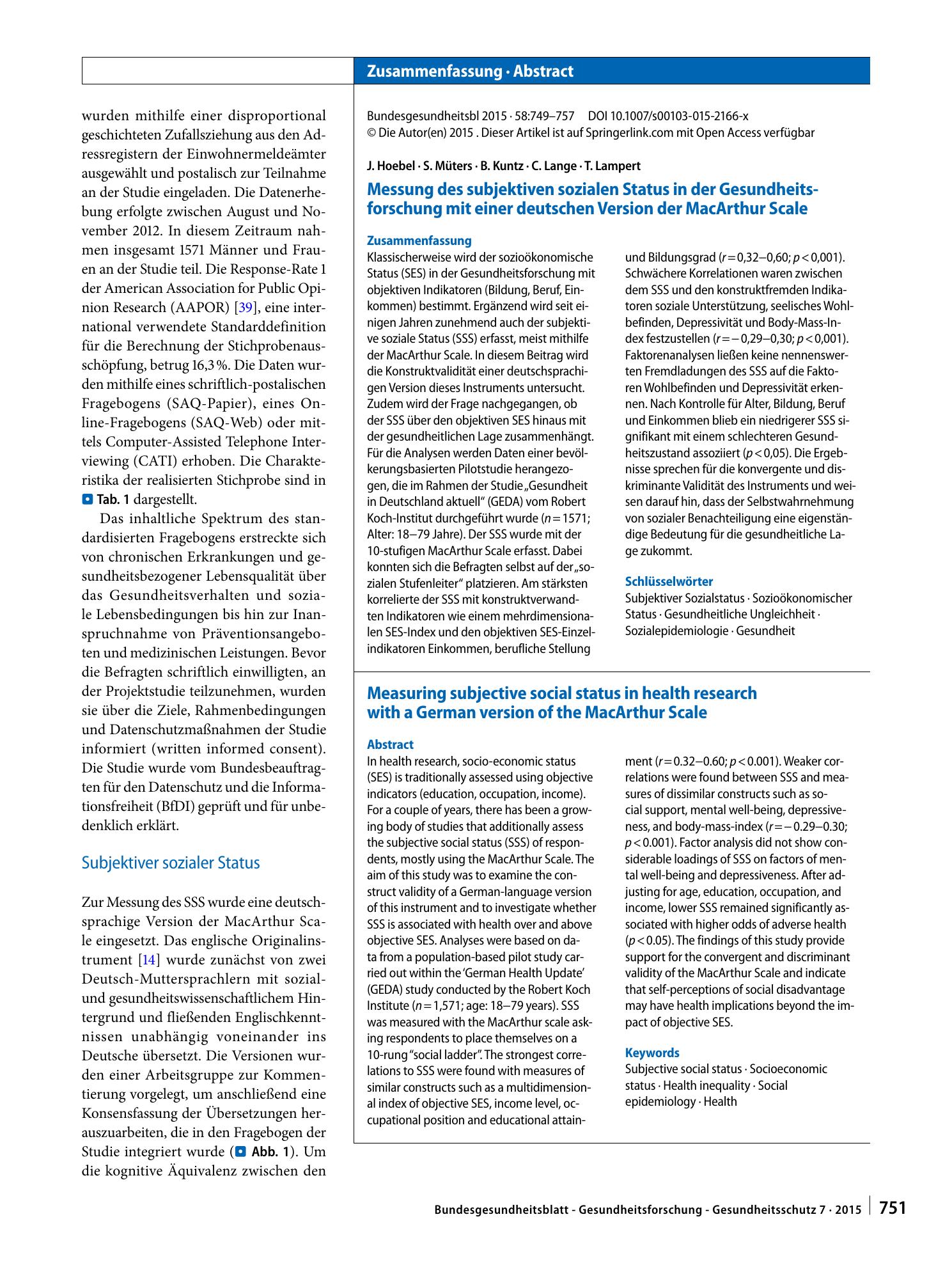 Vorschauseite 3: Messung des subjektiven sozialen Status in der Gesundheitsforschung mit einer deutschen Version der MacArthur Scale