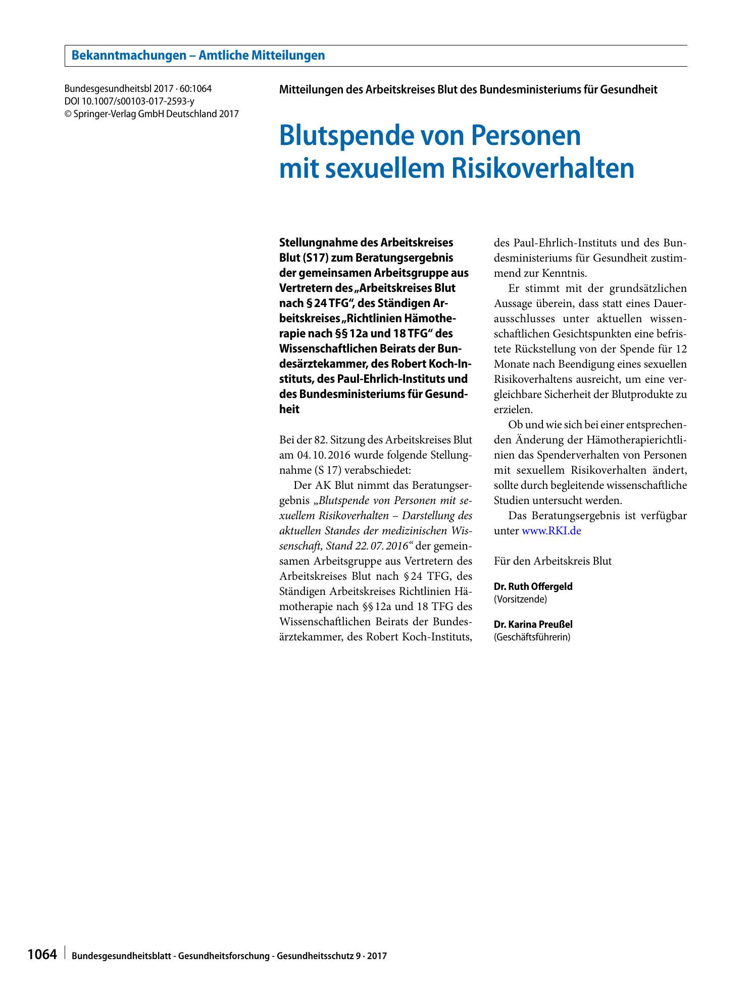 Vorschauseite 1: Blutspende von Personen mit sexuellem Risikoverhalten