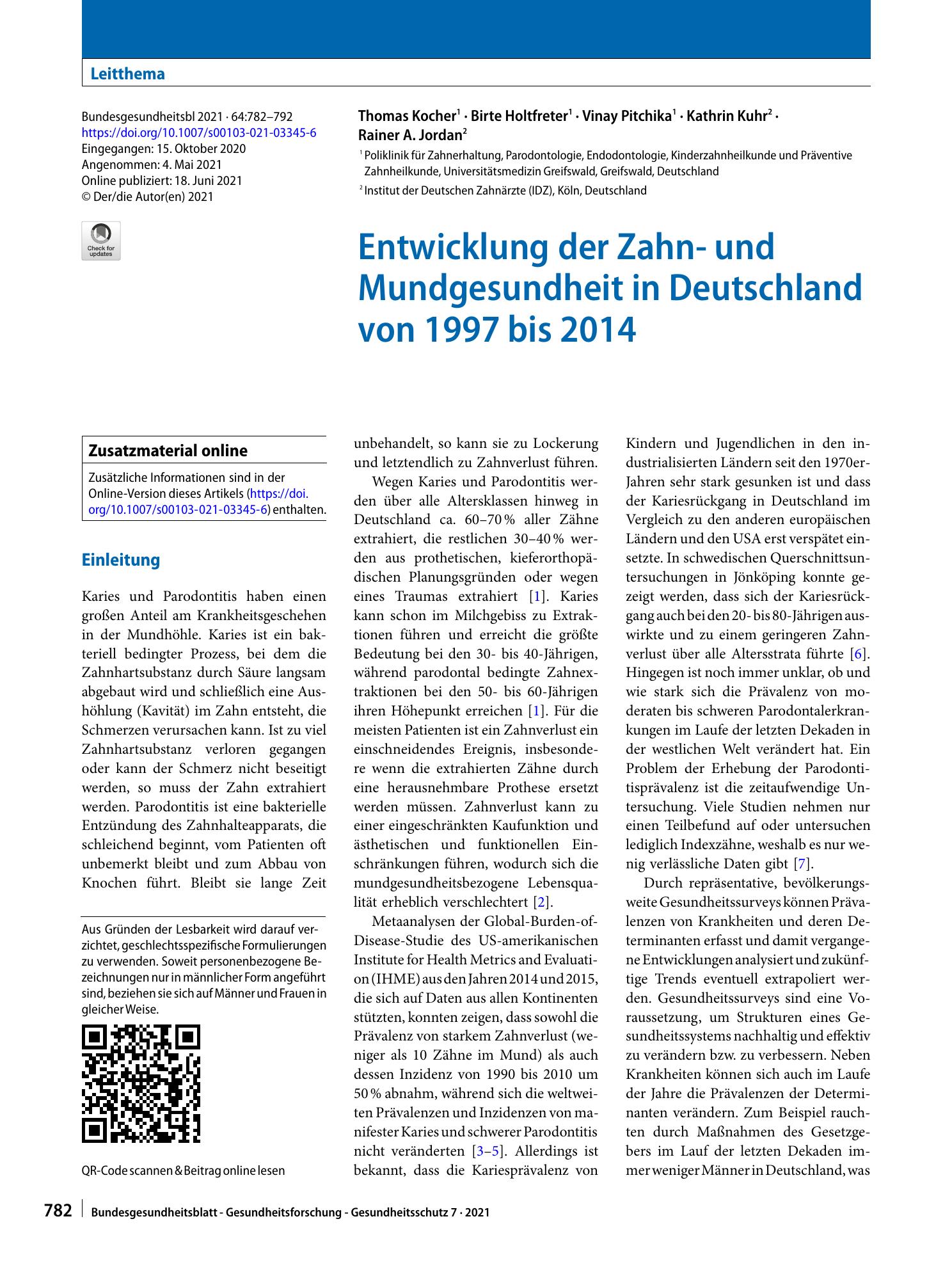Vorschauseite 1: Entwicklung der Zahn- und Mundgesundheit in Deutschland von 1997 bis 2014