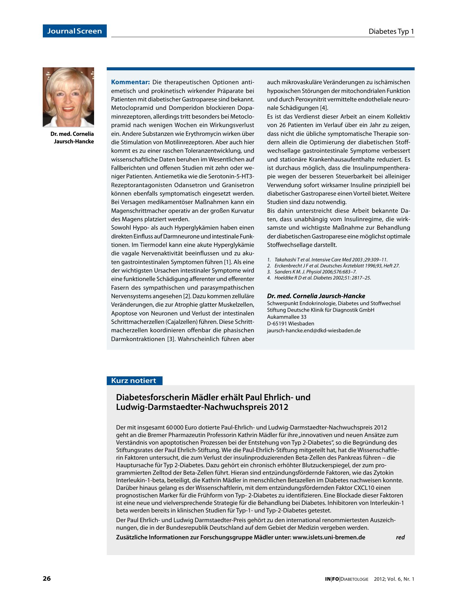 Vorschauseite 1: Diabetesforscherin Mädler erhält Paul Ehrlich- und Ludwig-Darmstaedter-Nachwuchspreis 2012