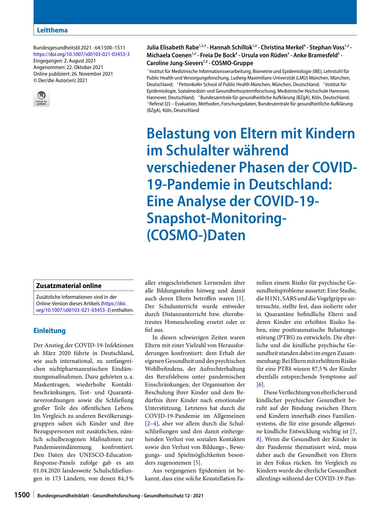 Vorschauseite 1: Belastung von Eltern mit Kindern im Schulalter während verschiedener Phasen der COVID-19-Pandemie in Deutschland: Eine Analyse der COVID-19-Snapshot-Monitoring-(COSMO‑)Daten