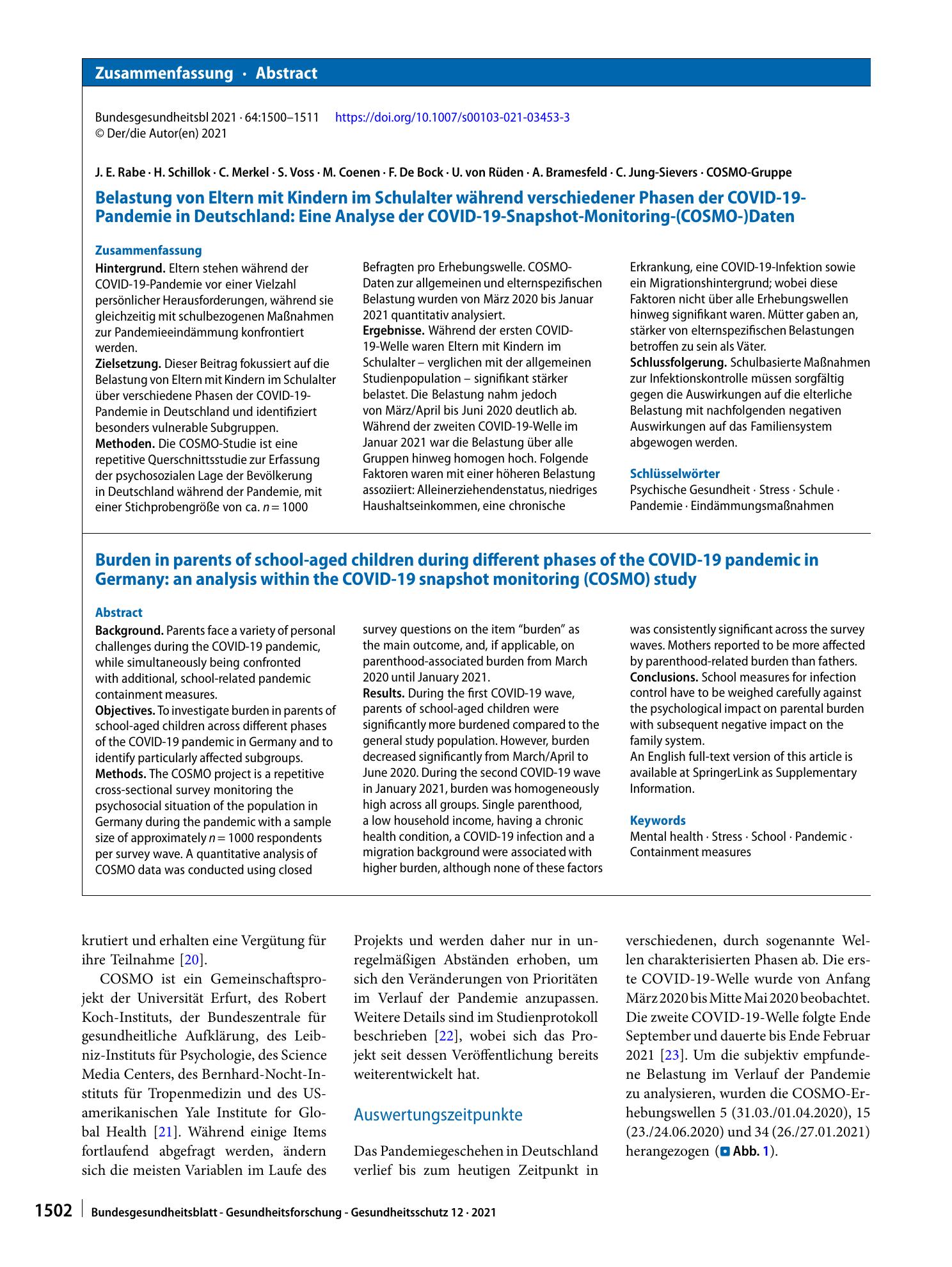 Vorschauseite 3: Belastung von Eltern mit Kindern im Schulalter während verschiedener Phasen der COVID-19-Pandemie in Deutschland: Eine Analyse der COVID-19-Snapshot-Monitoring-(COSMO‑)Daten