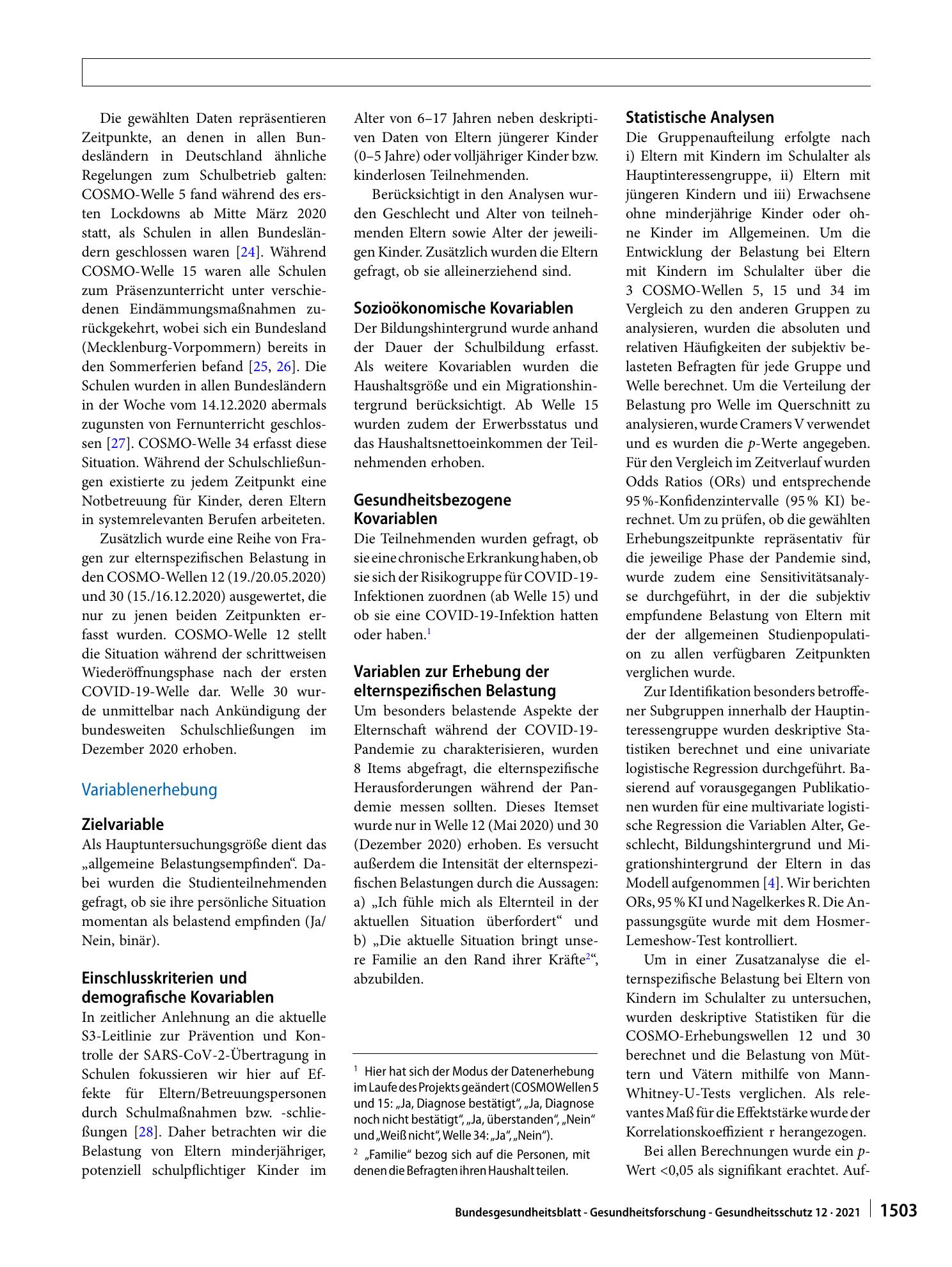 Vorschauseite 4: Belastung von Eltern mit Kindern im Schulalter während verschiedener Phasen der COVID-19-Pandemie in Deutschland: Eine Analyse der COVID-19-Snapshot-Monitoring-(COSMO‑)Daten