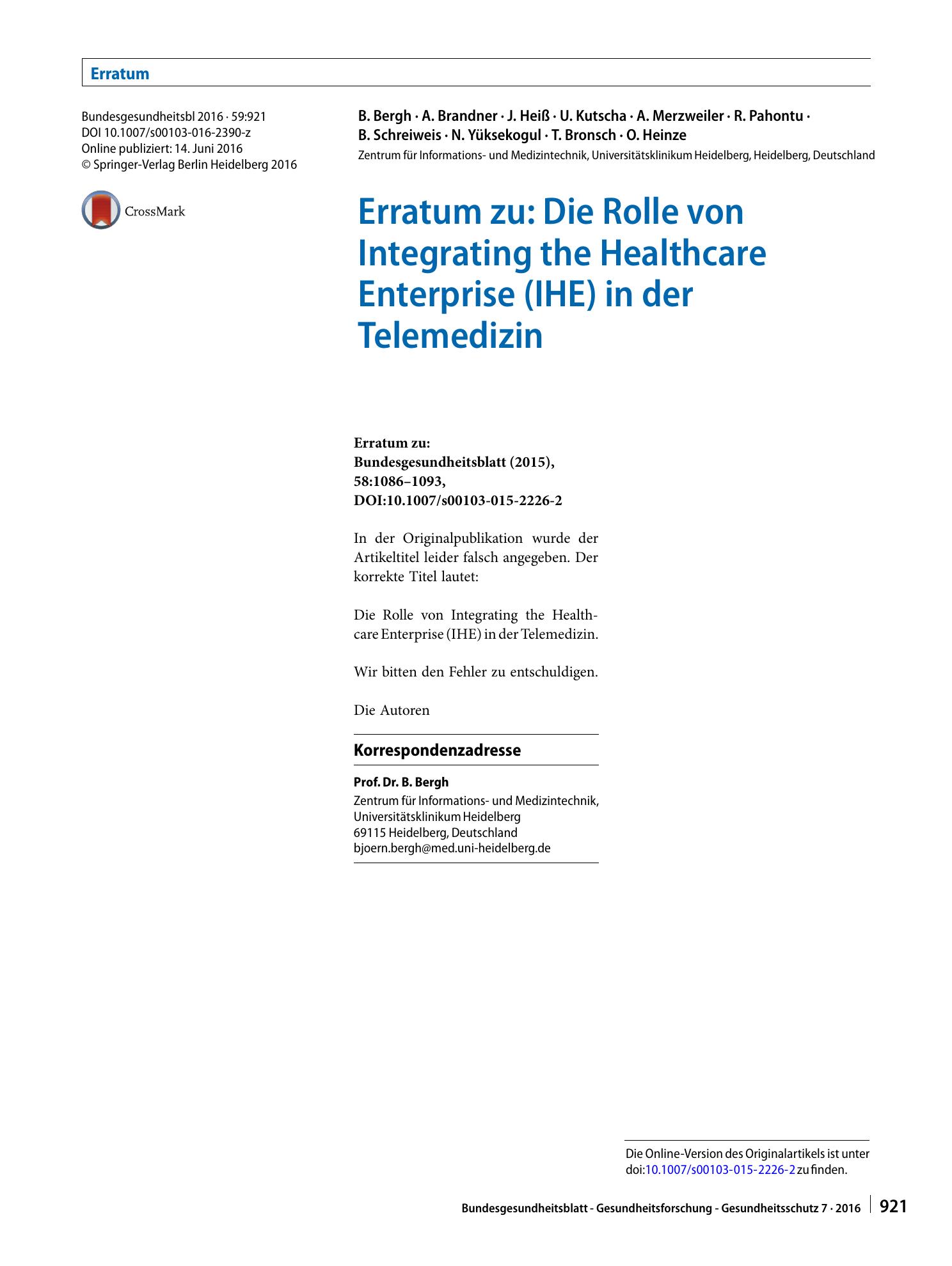 Vorschauseite 1: Erratum zu: Die Rolle von Integrating the Healthcare Enterprise (IHE) in der Telemedizin