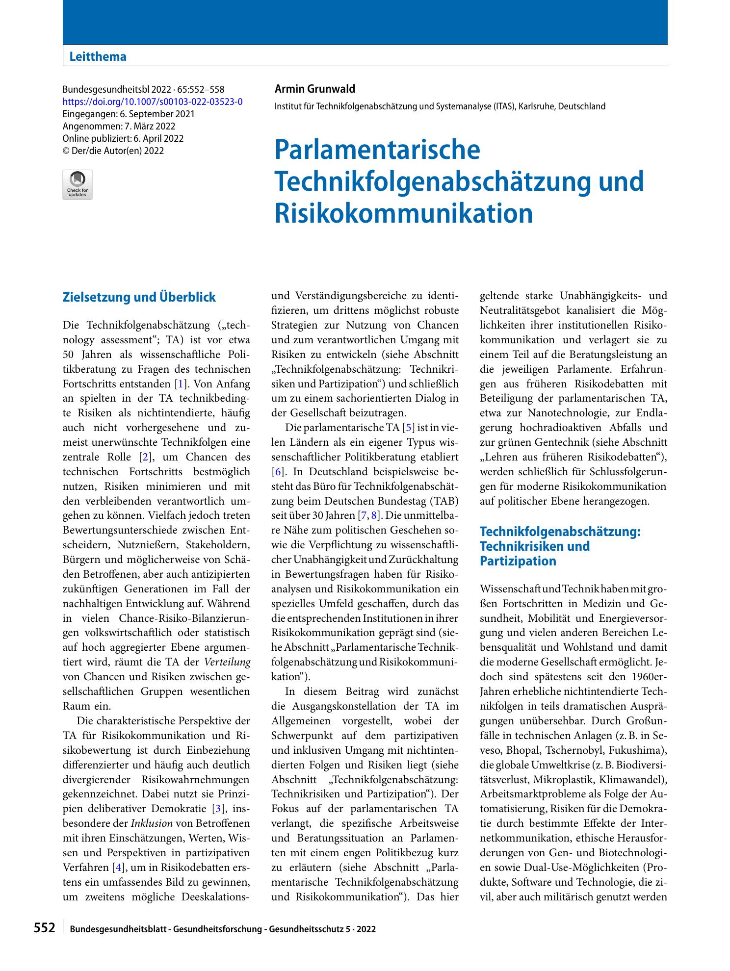 Vorschauseite 1: Parlamentarische Technikfolgenabschätzung und Risikokommunikation