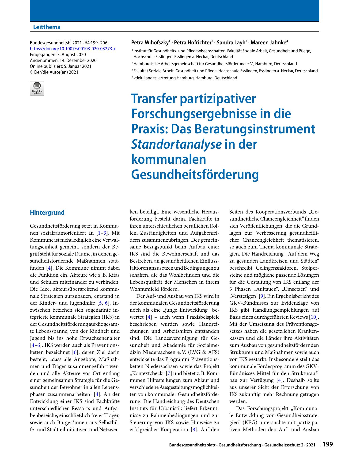 Vorschauseite 1: Transfer partizipativer Forschungsergebnisse in die Praxis: Das Beratungsinstrument Standortanalyse in der kommunalen Gesundheitsförderung